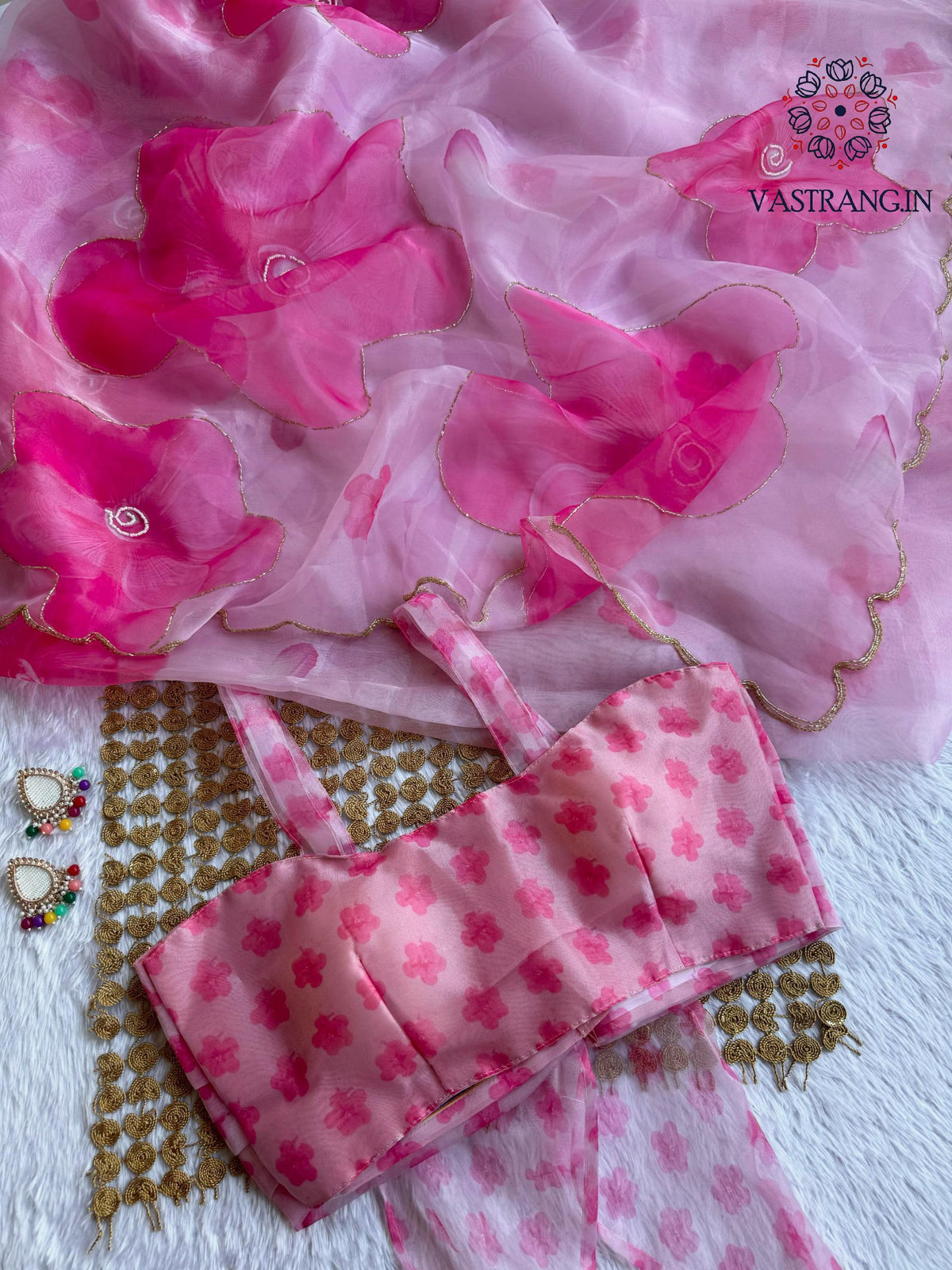 New Partywear Pink Color Organza Silk Printed Hand Work Fancy Designer Saree With Unstitched Blouse