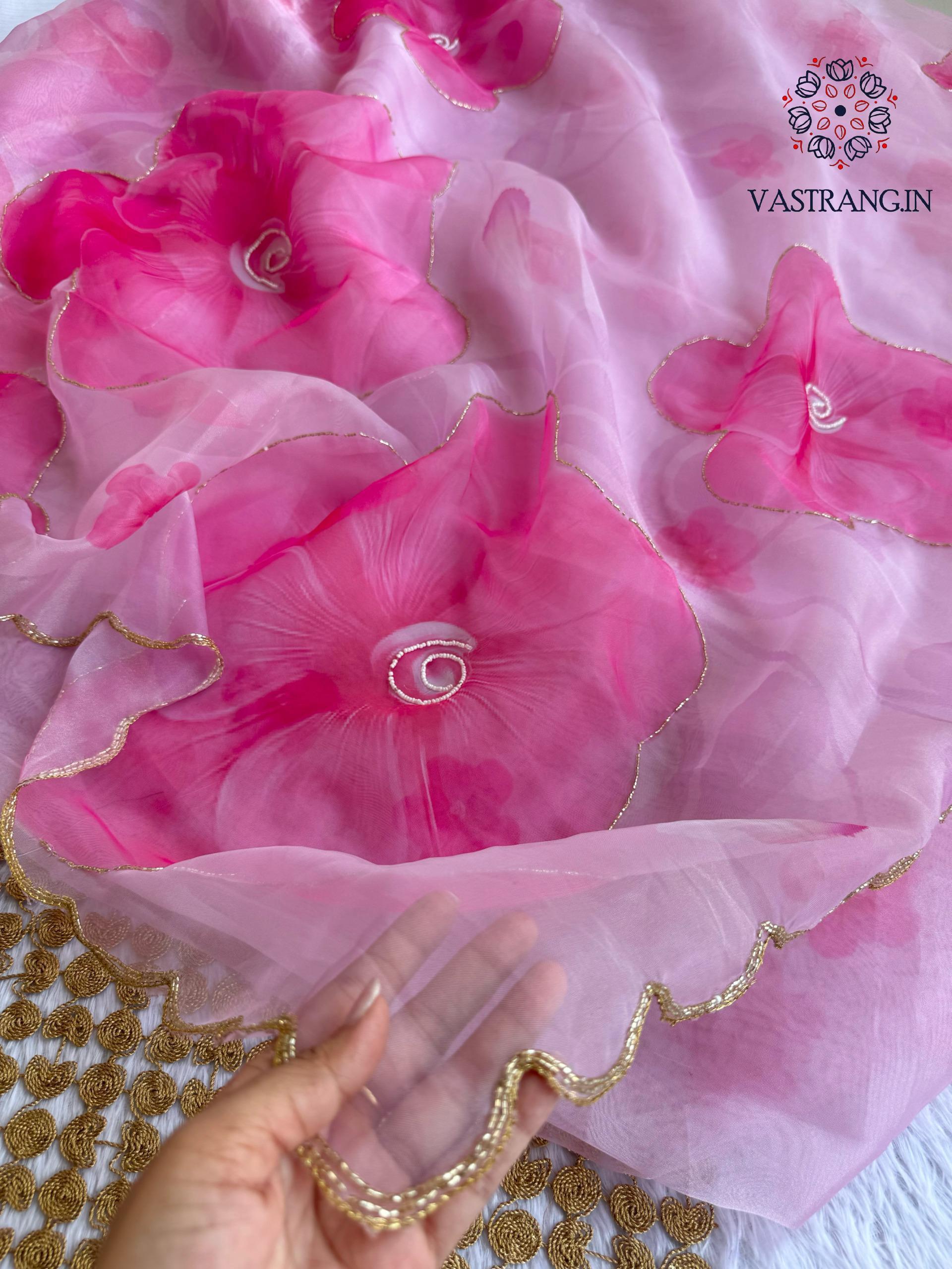 New Partywear Pink Color Organza Silk Printed Hand Work Fancy Designer Saree With Unstitched Blouse