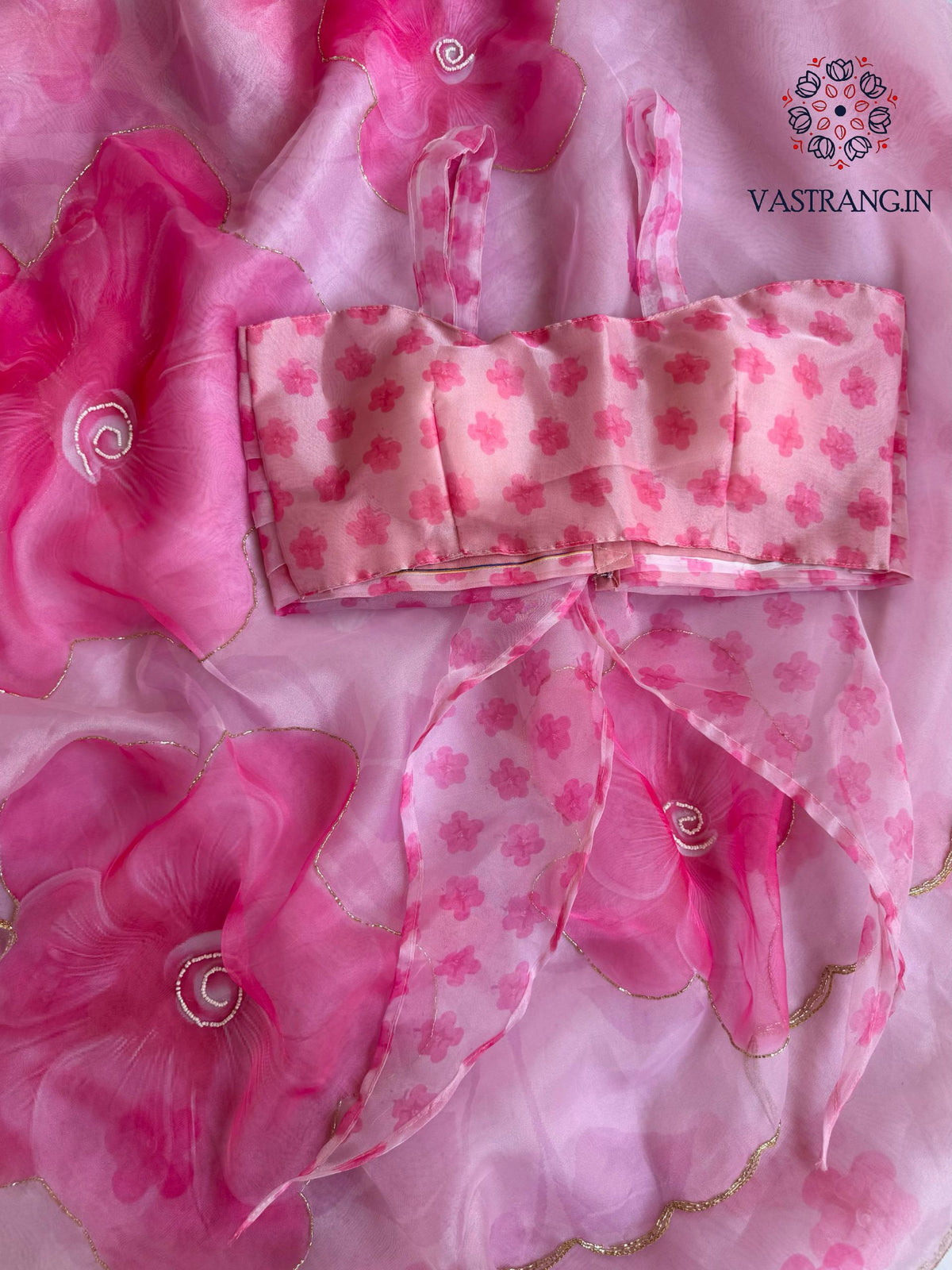 New Partywear Pink Color Organza Silk Printed Hand Work Fancy Designer Saree With Unstitched Blouse