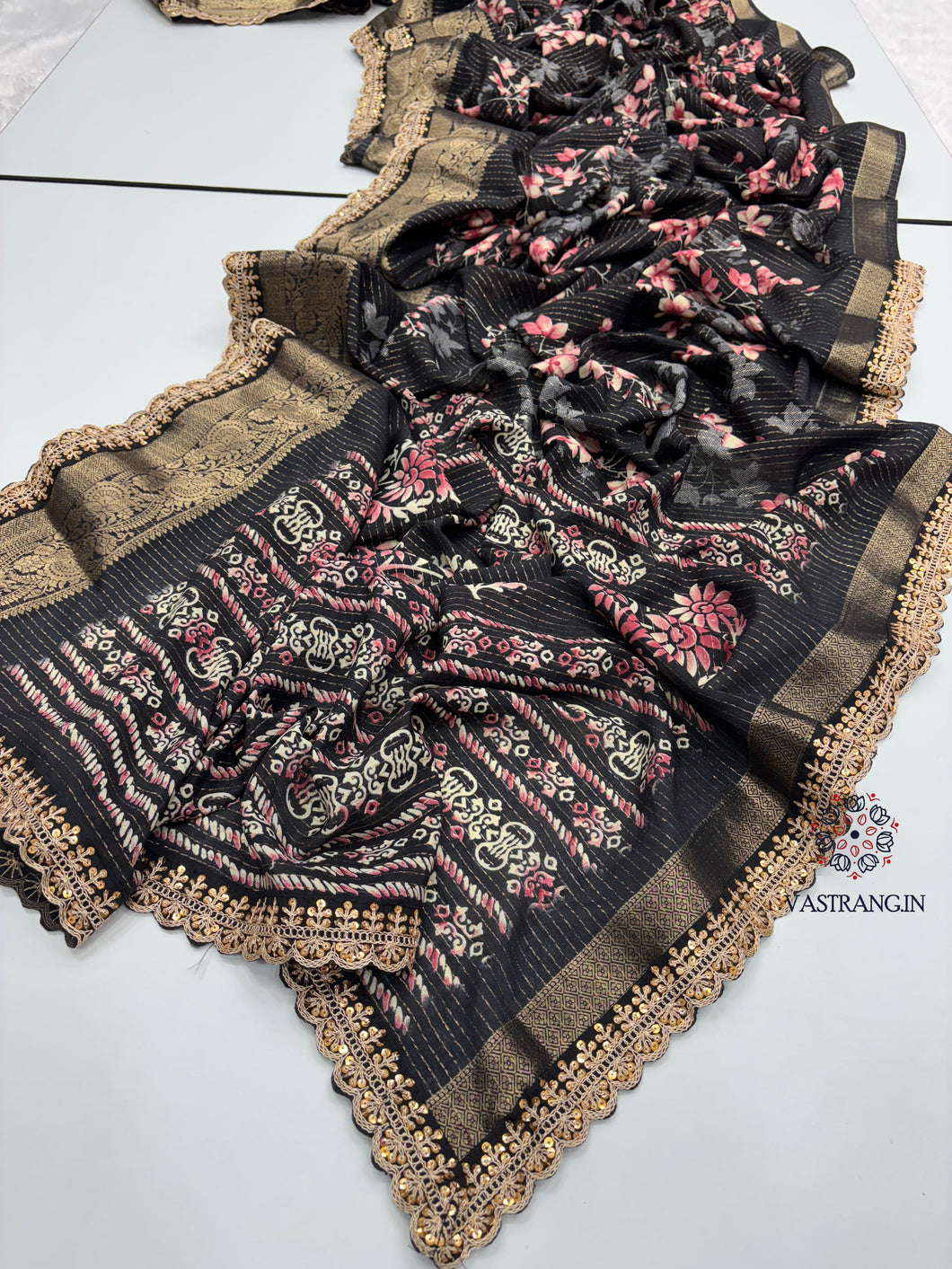 New Function Wear Dola Silk Print Jacquard Weaving Border With Sequence Lace Work Fancy Designer Saree
