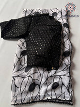 Load image into Gallery viewer, New Partywear White n Black Color Print n Lace Work Fancy Designer Saree With Stitched Chikankari Blouse
