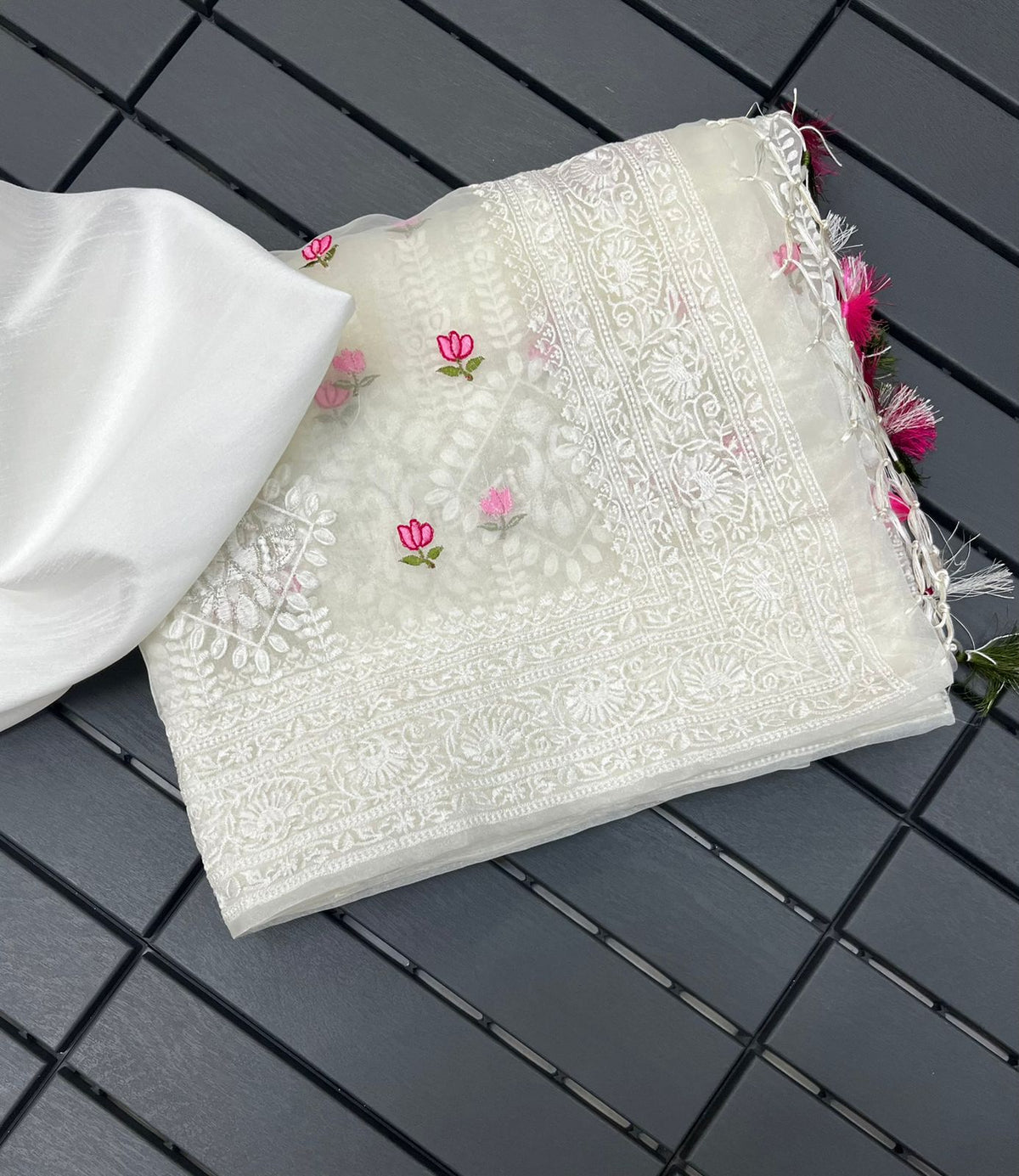 Partywear White Color Organza Silk Embroidery Lucknawi Work With Tassels Work Fancy Designer Saree