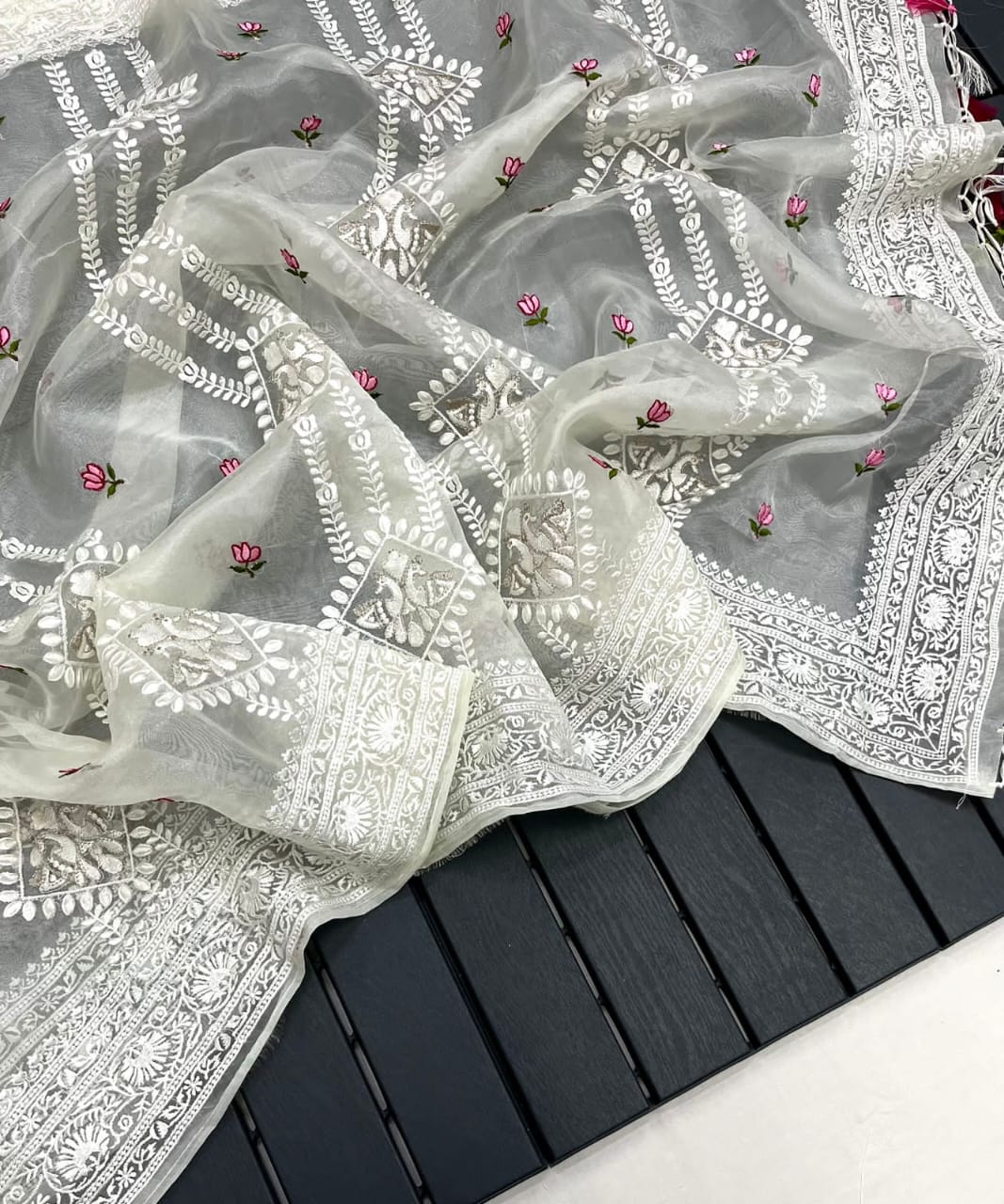 Partywear White Color Organza Silk Embroidery Lucknawi Work With Tassels Work Fancy Designer Saree