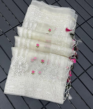 Load image into Gallery viewer, Partywear White Color Organza Silk Embroidery Lucknawi Work With Tassels Work Fancy Designer Saree
