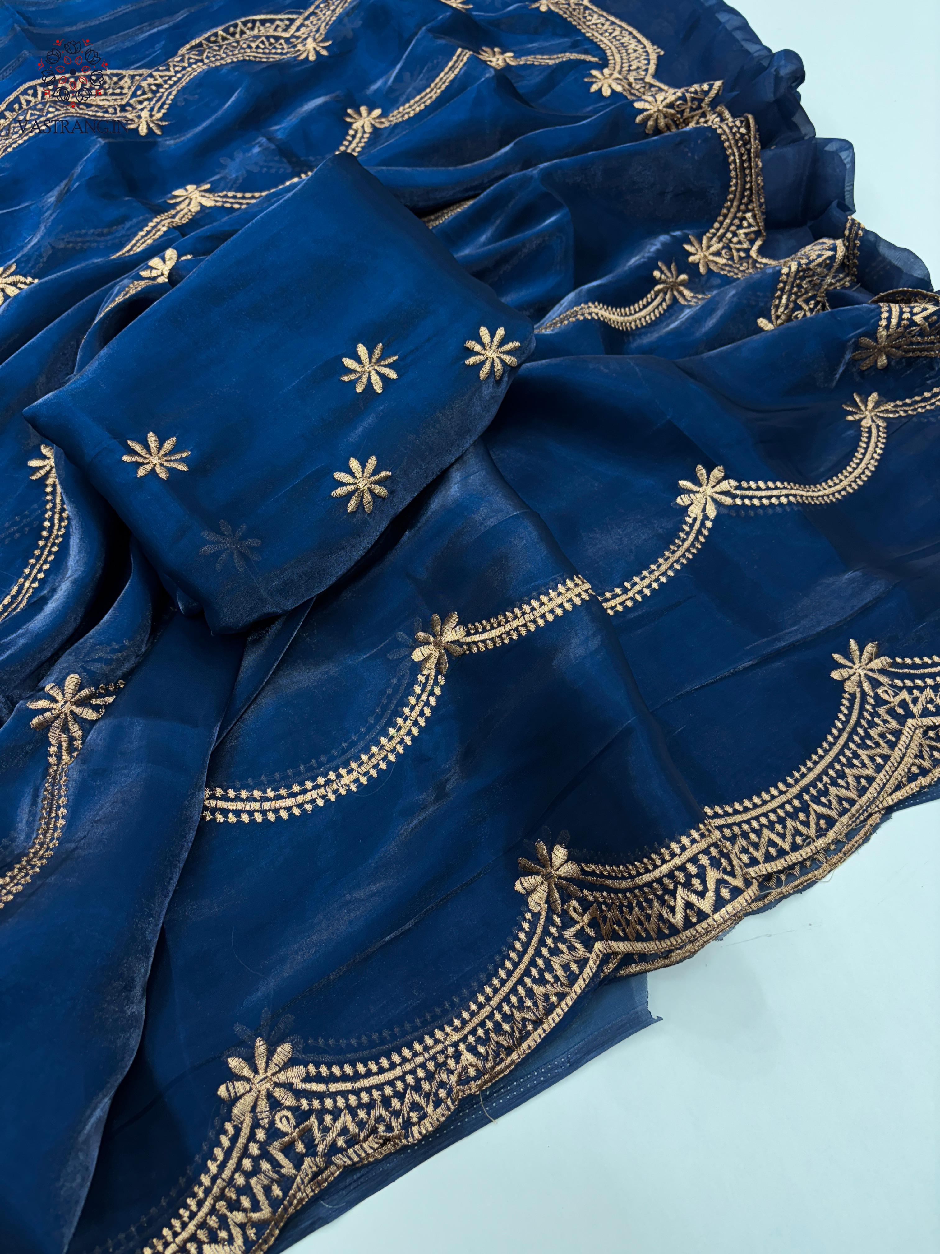 New Party Wear Silk Embroidery Work Fancy Designer Saree With Blouse