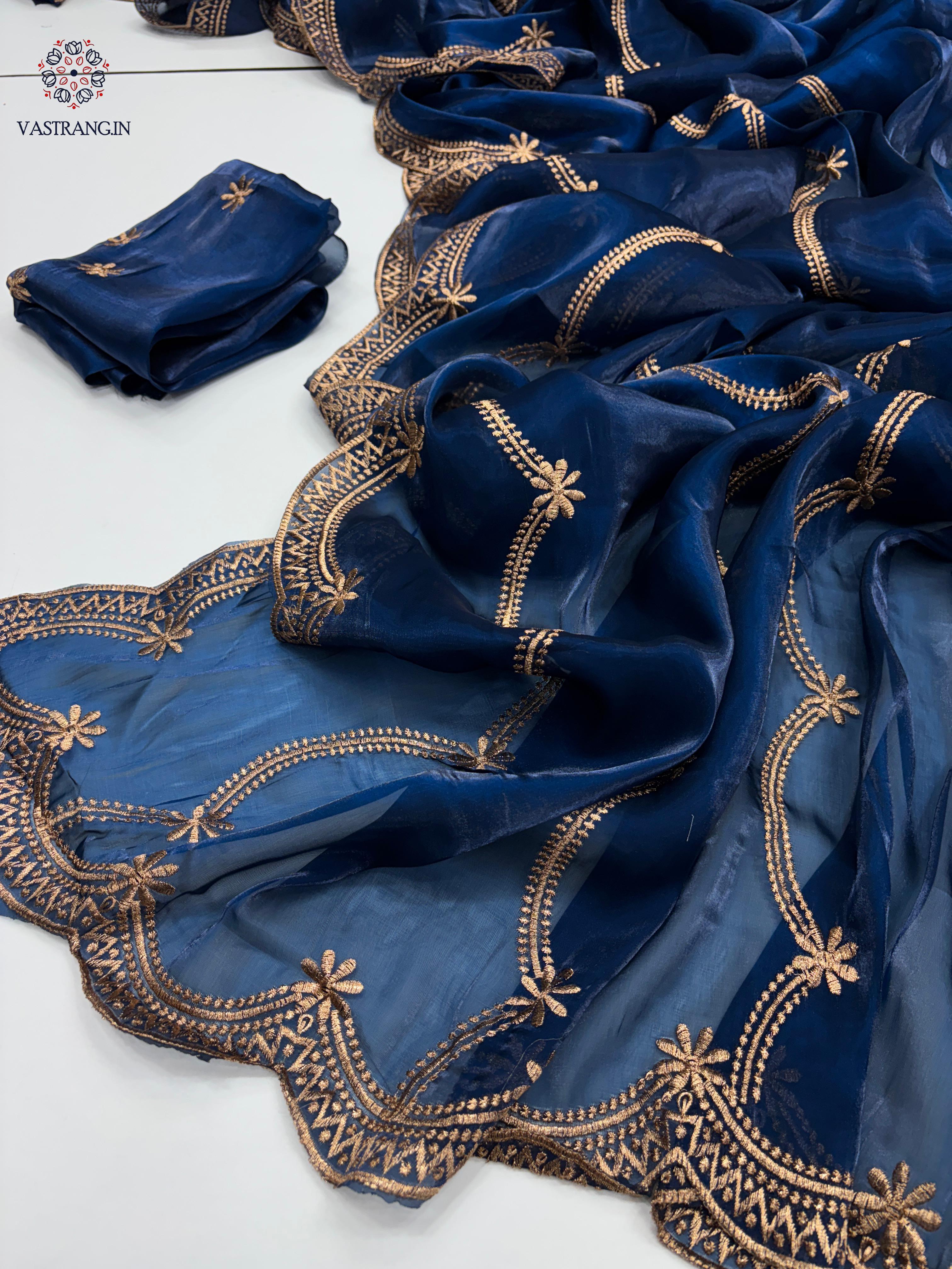New Party Wear Silk Embroidery Work Fancy Designer Saree With Blouse