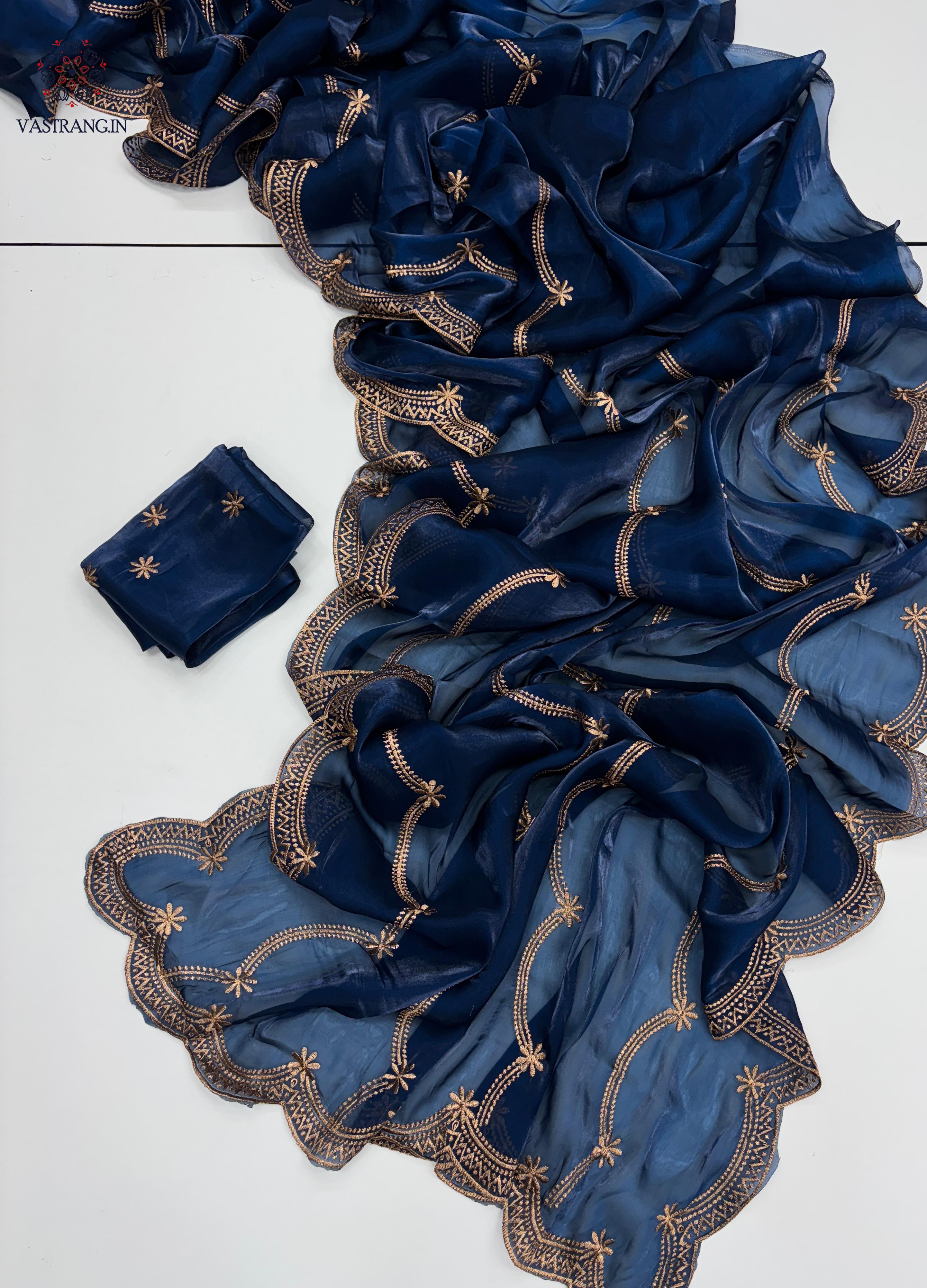 New Party Wear Silk Embroidery Work Fancy Designer Saree With Blouse