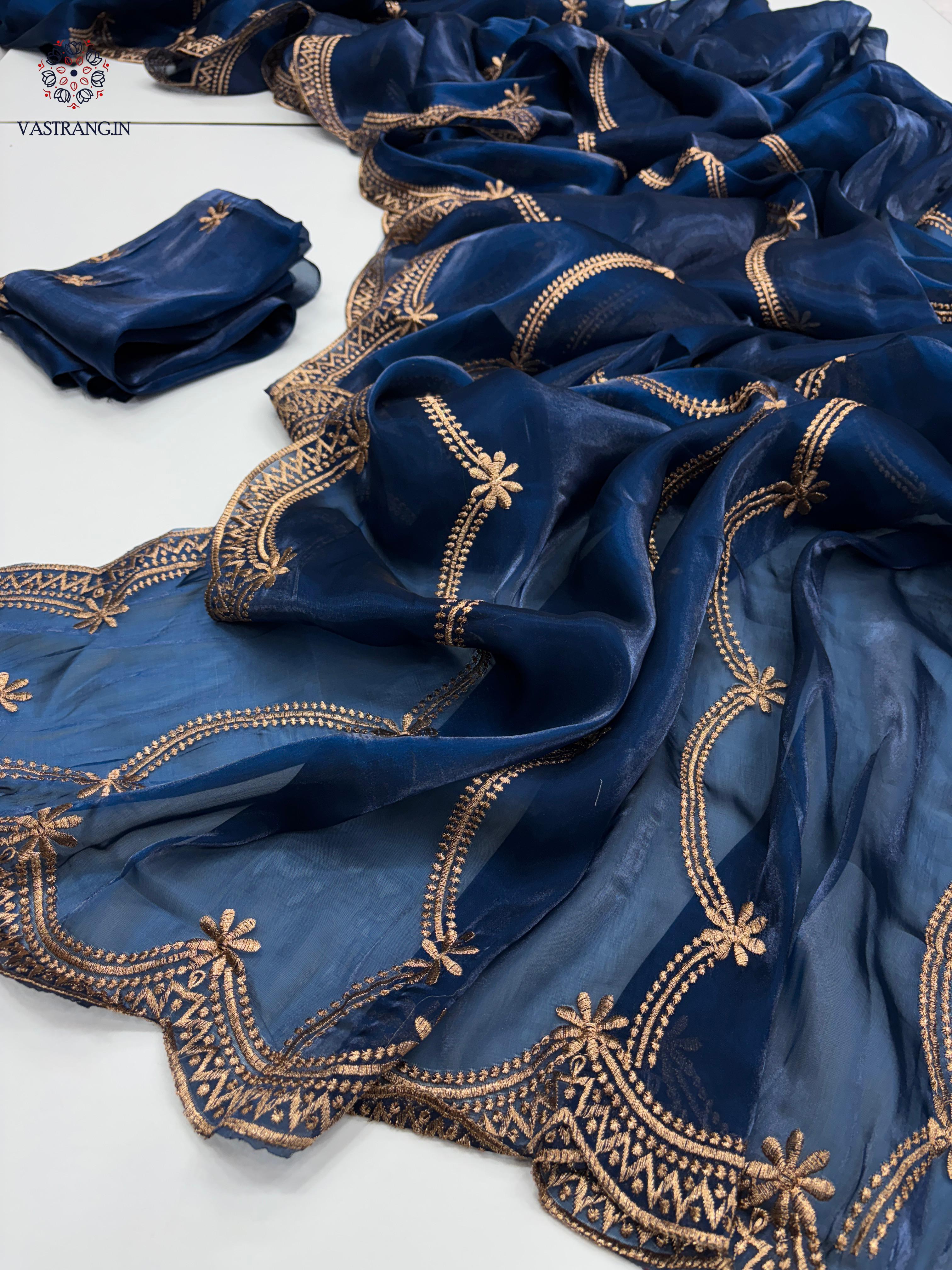 New Party Wear Silk Embroidery Work Fancy Designer Saree With Blouse