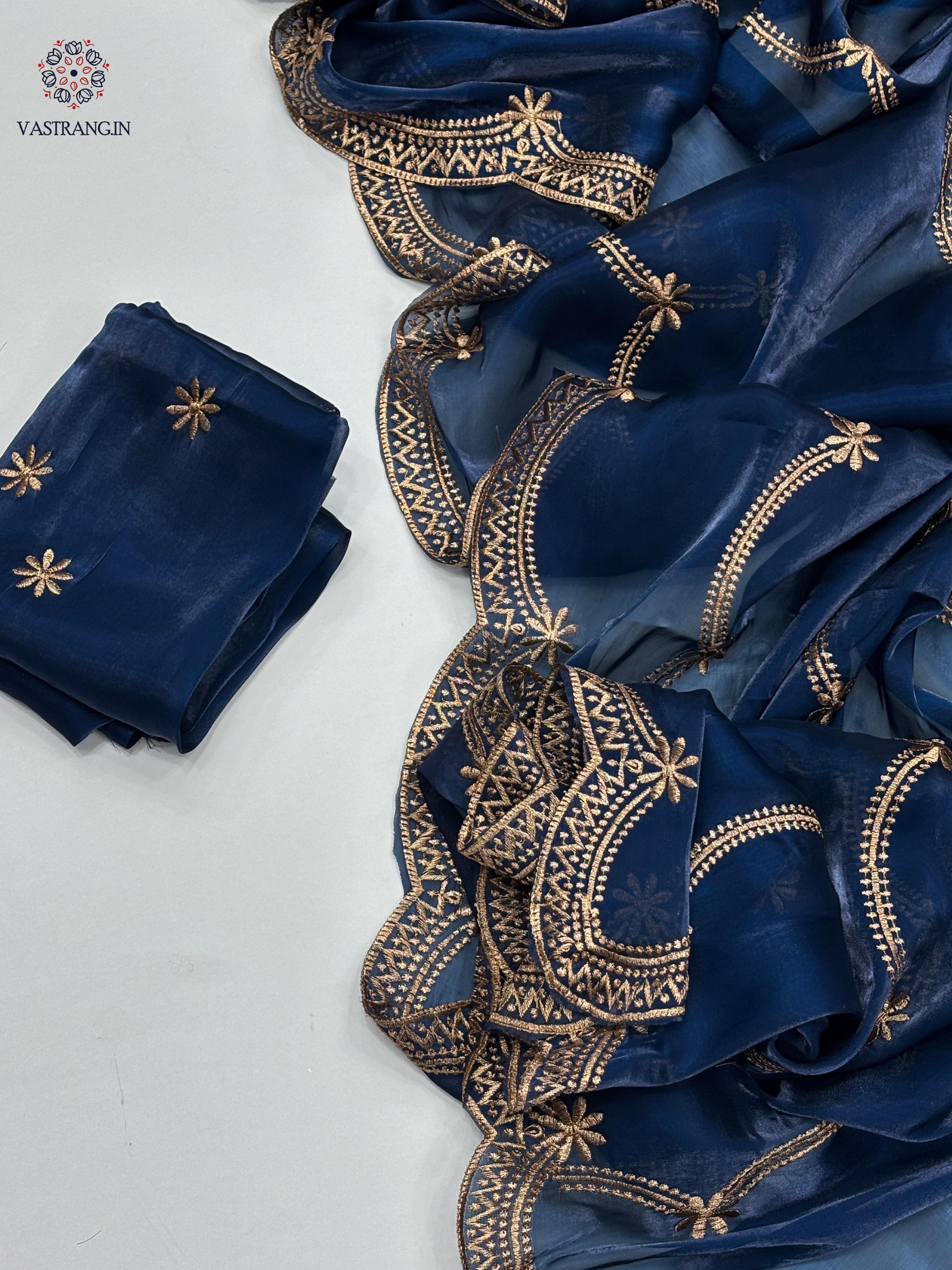 New Party Wear Silk Embroidery Work Fancy Designer Saree With Blouse