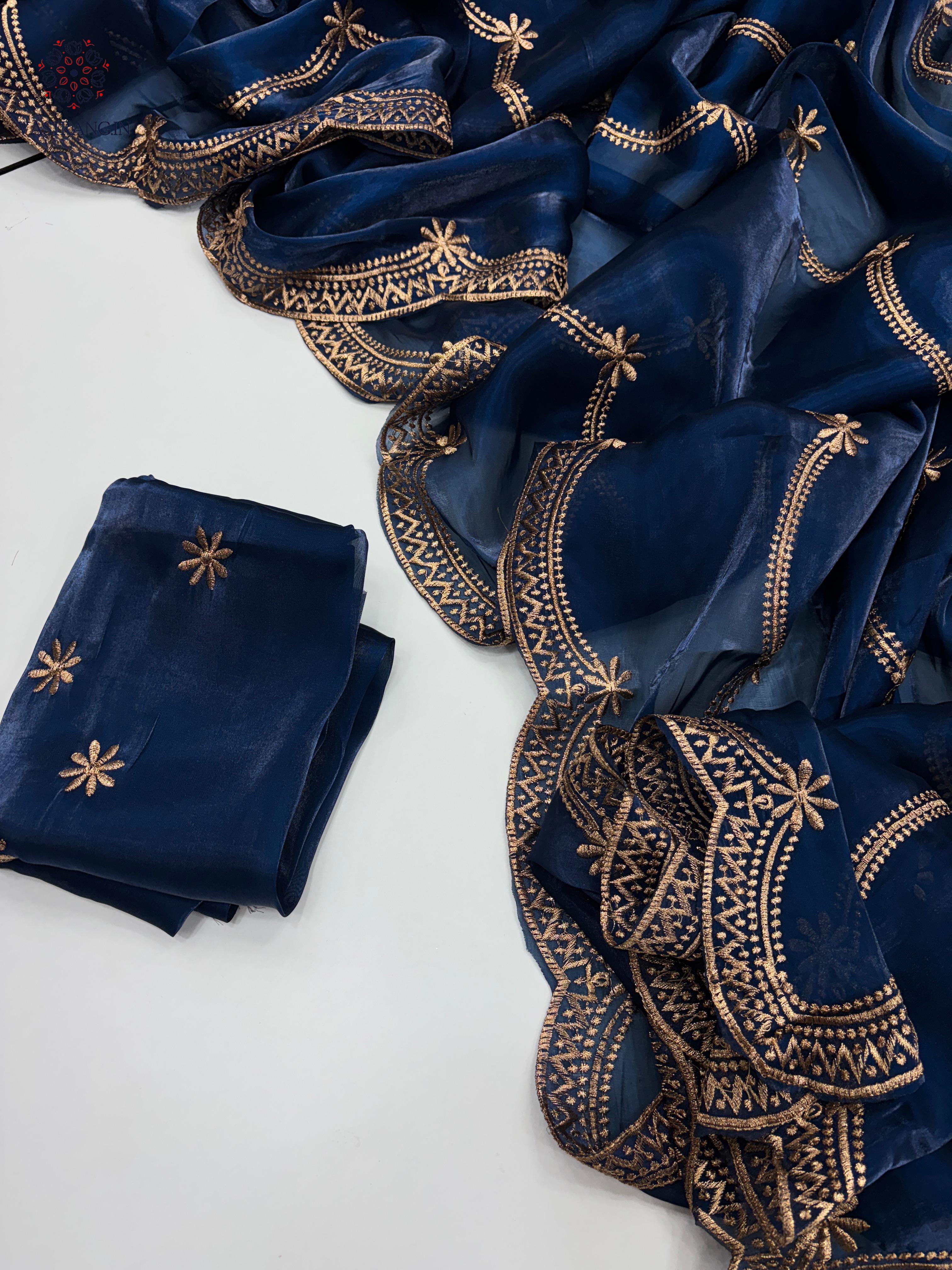 New Party Wear Silk Embroidery Work Fancy Designer Saree With Blouse