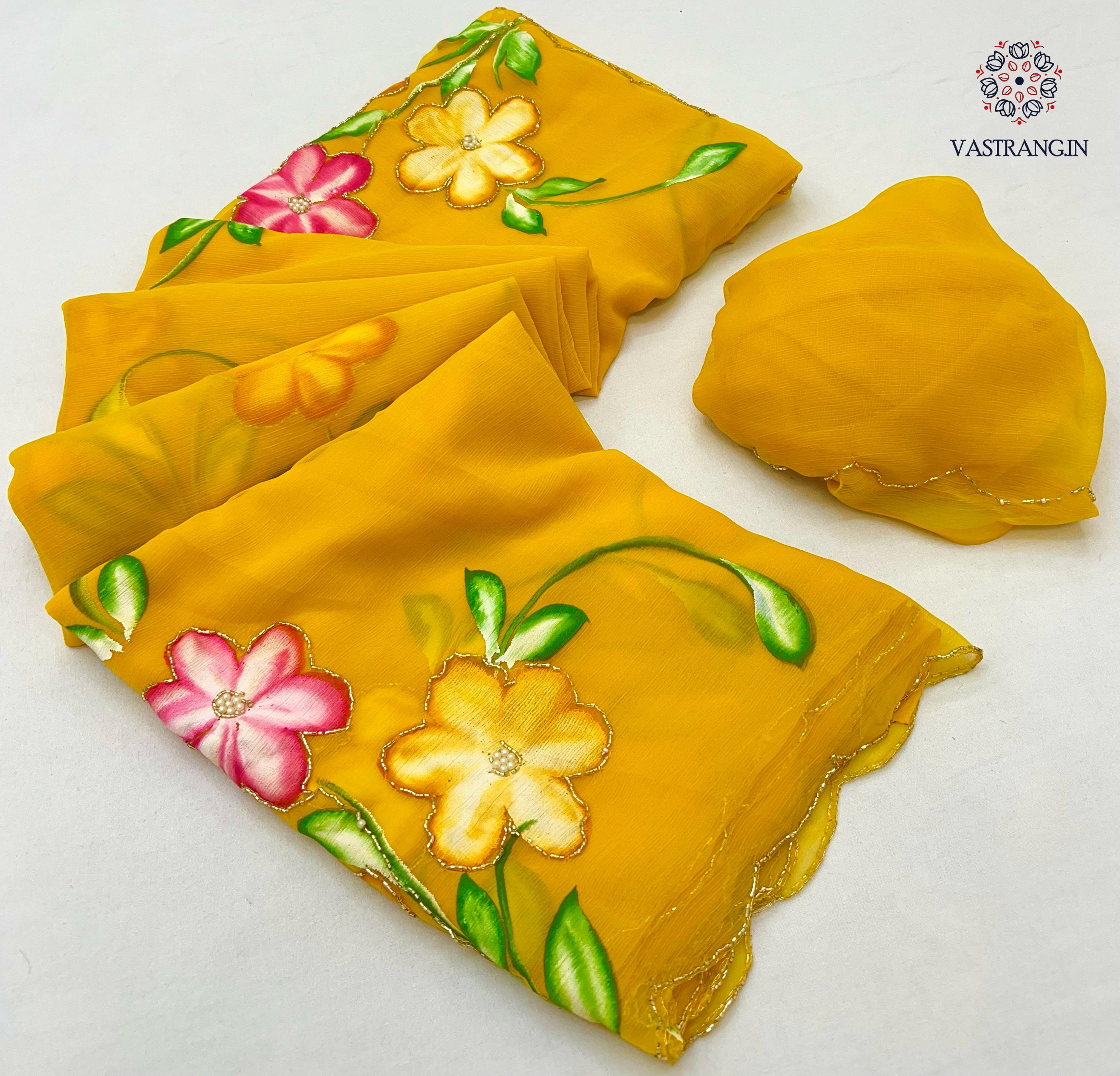 New Function Wear Yellow Color Soft Chiffon Handbrush Print n Handwork Fancy Designer Saree With Blouse