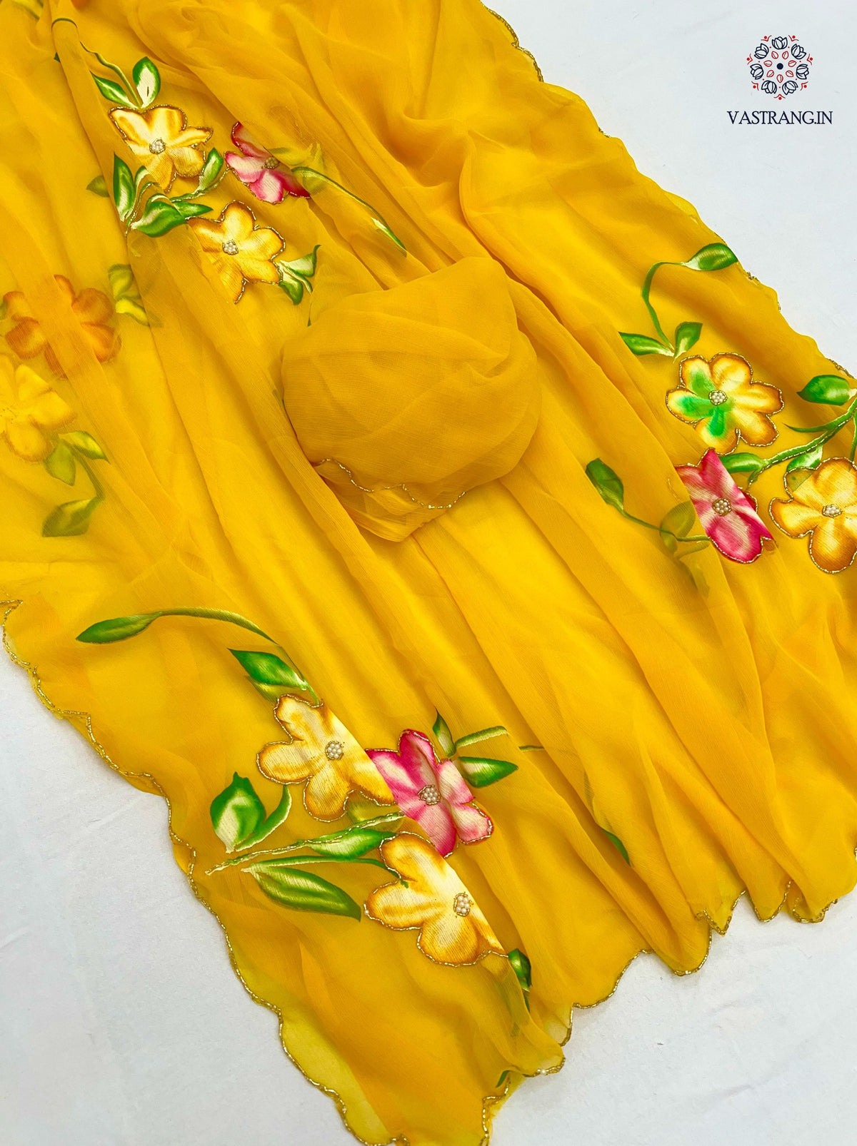 New Function Wear Yellow Color Soft Chiffon Handbrush Print n Handwork Fancy Designer Saree With Blouse