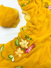 Load image into Gallery viewer, New Function Wear Yellow Color Soft Chiffon Handbrush Print n Handwork Fancy Designer Saree With Blouse
