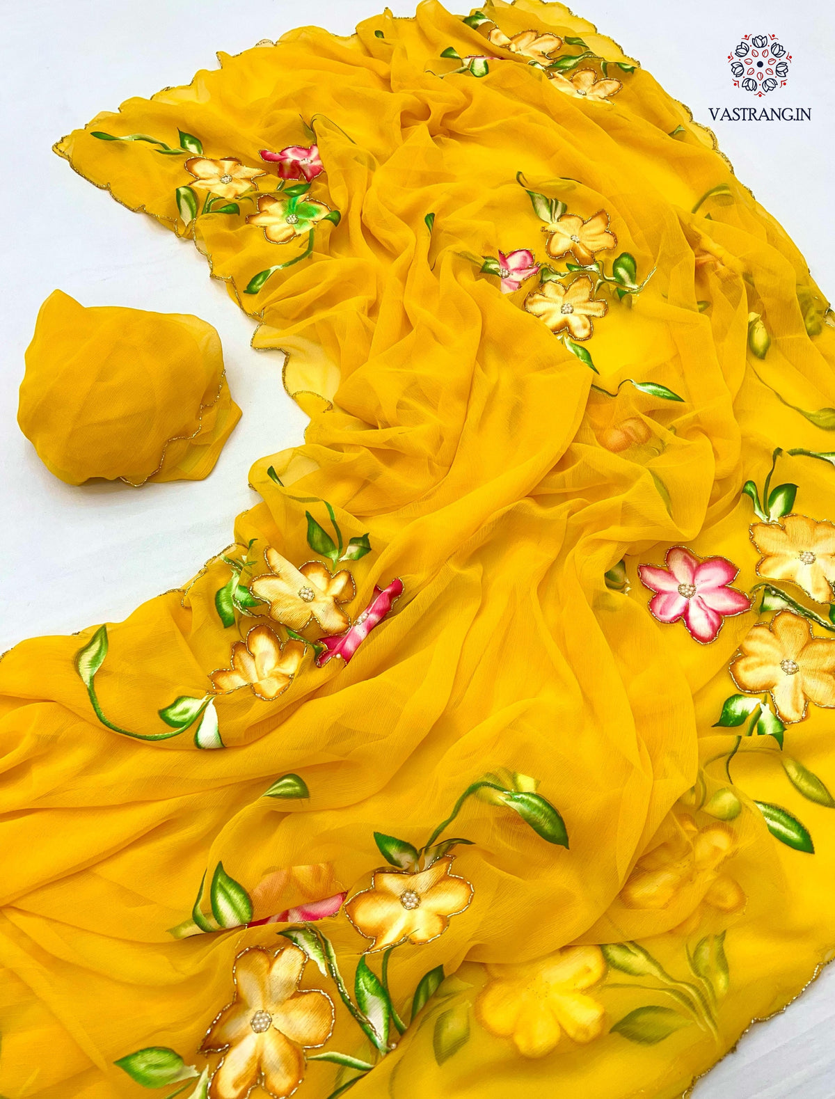 New Function Wear Yellow Color Soft Chiffon Handbrush Print n Handwork Fancy Designer Saree With Blouse