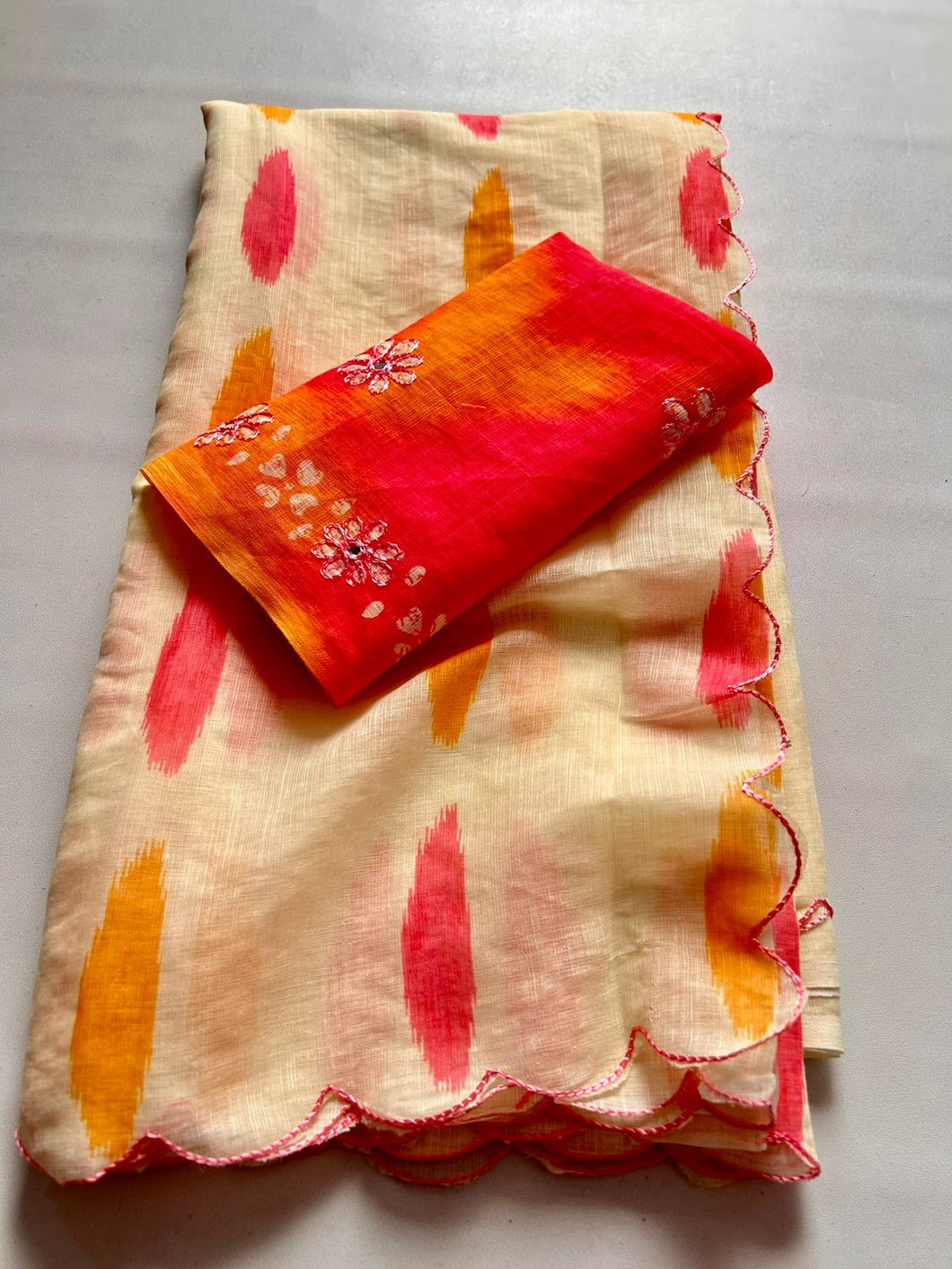 New Cotton Linen Fabric Print With Embroidery Arco Border Work Fancy Designer Saree With Blouse