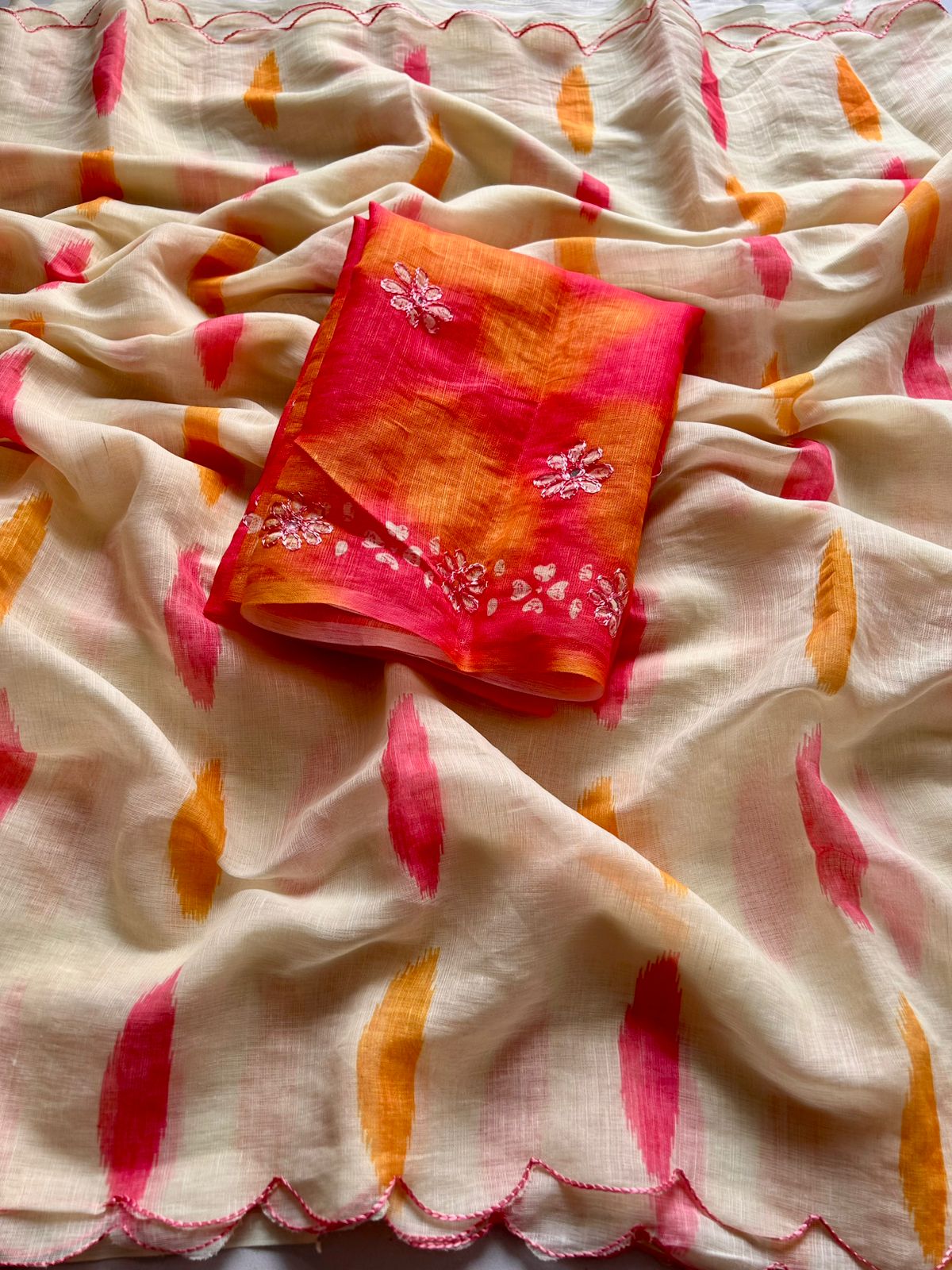 New Cotton Linen Fabric Print With Embroidery Arco Border Work Fancy Designer Saree With Blouse