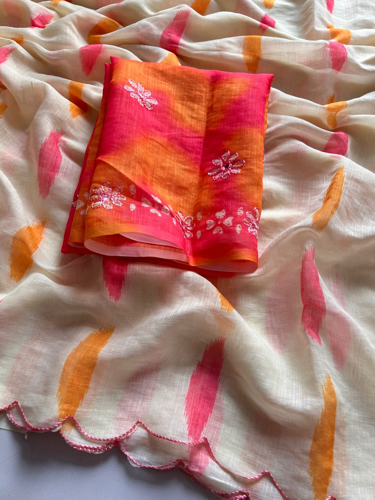 New Cotton Linen Fabric Print With Embroidery Arco Border Work Fancy Designer Saree With Blouse