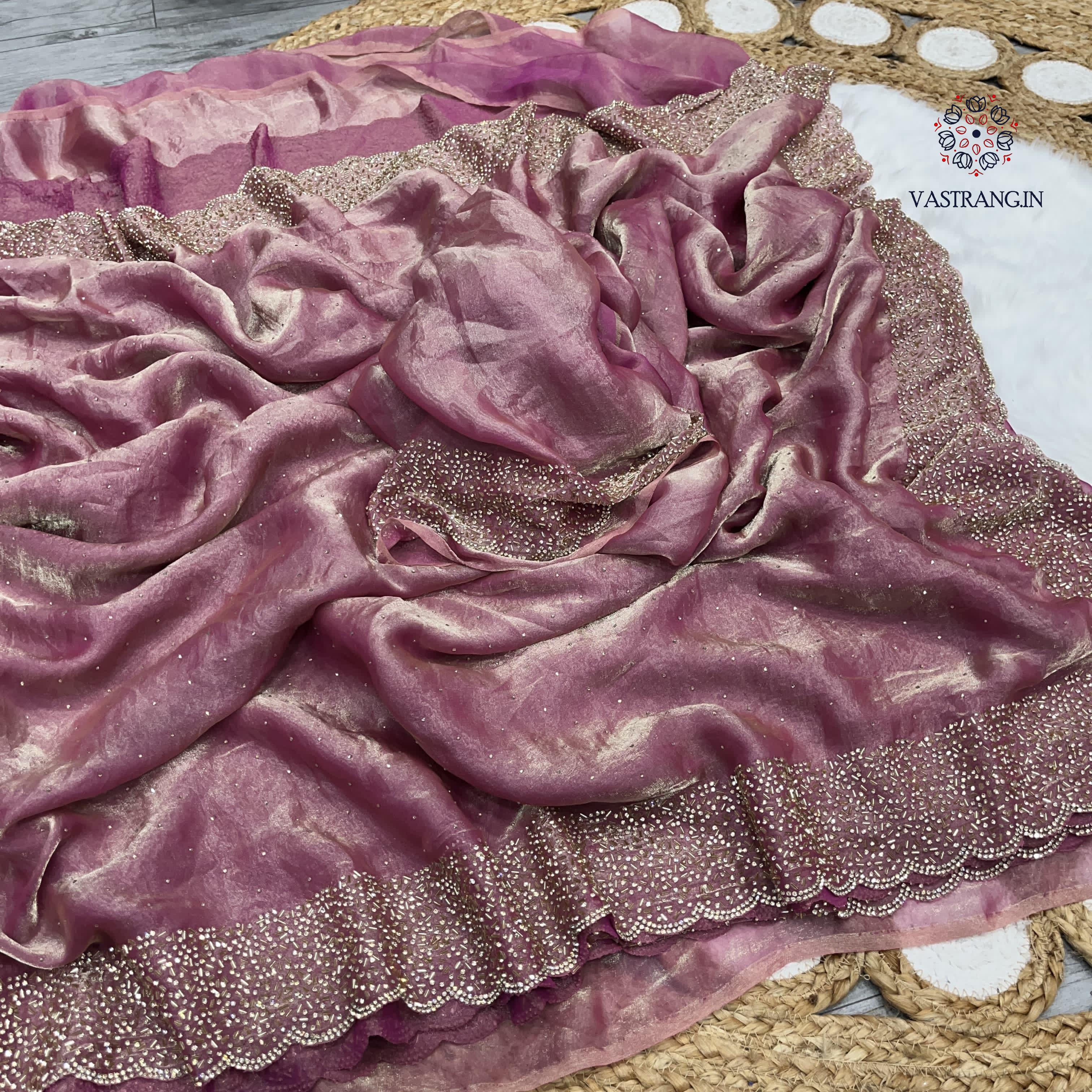 Latest Partywear Space Silk Jarkhan Heavy Diamond Work Fancy Designer Saree With Blouse