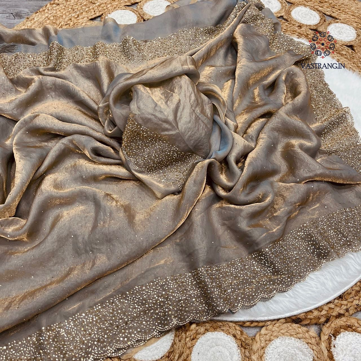 Latest Partywear Space Silk Jarkhan Heavy Diamond Work Fancy Designer Saree With Blouse