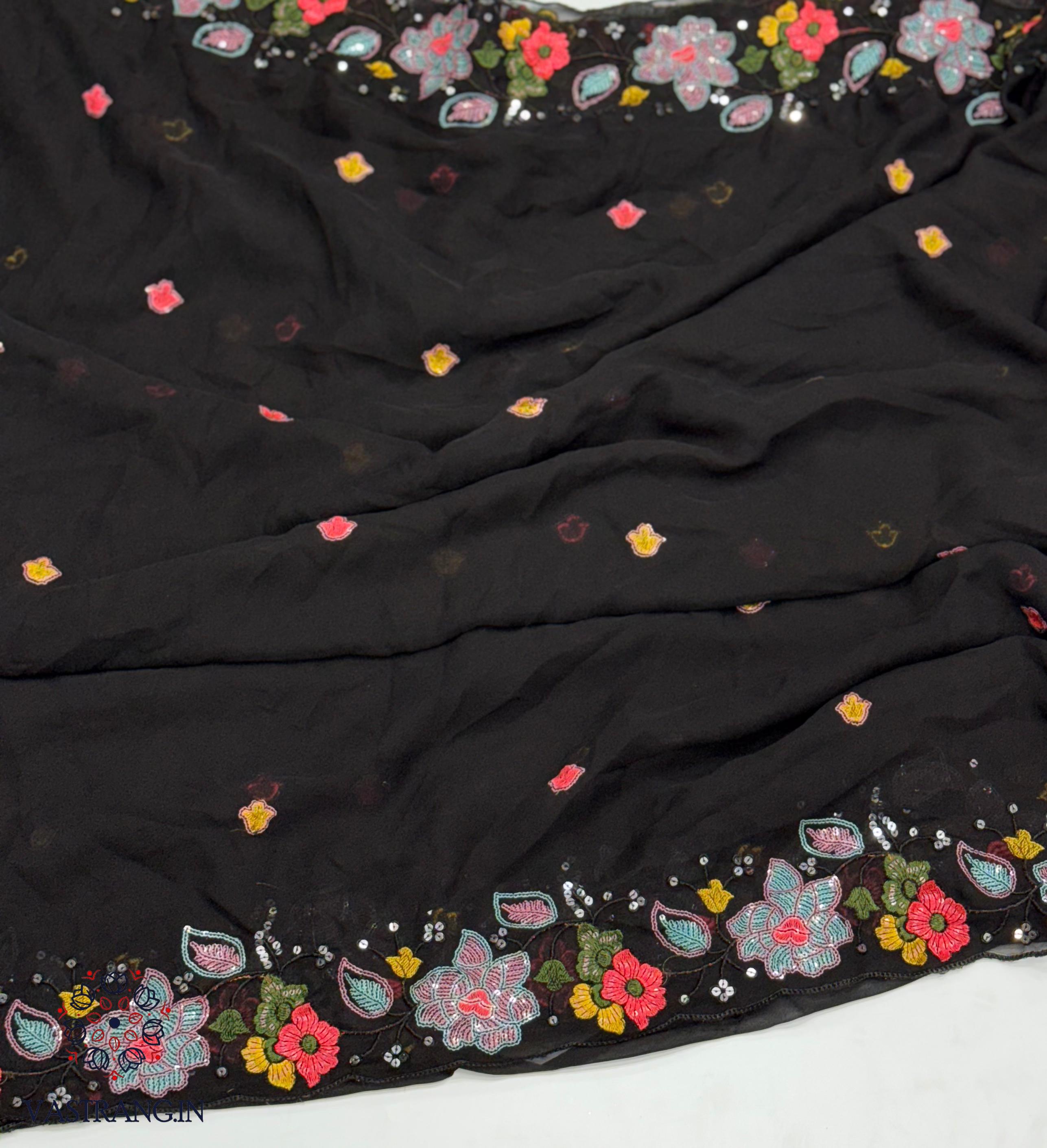 New Black Color Faux Georgette Embroidery Sequence n Cut Work Fancy Designer Partywear Saree