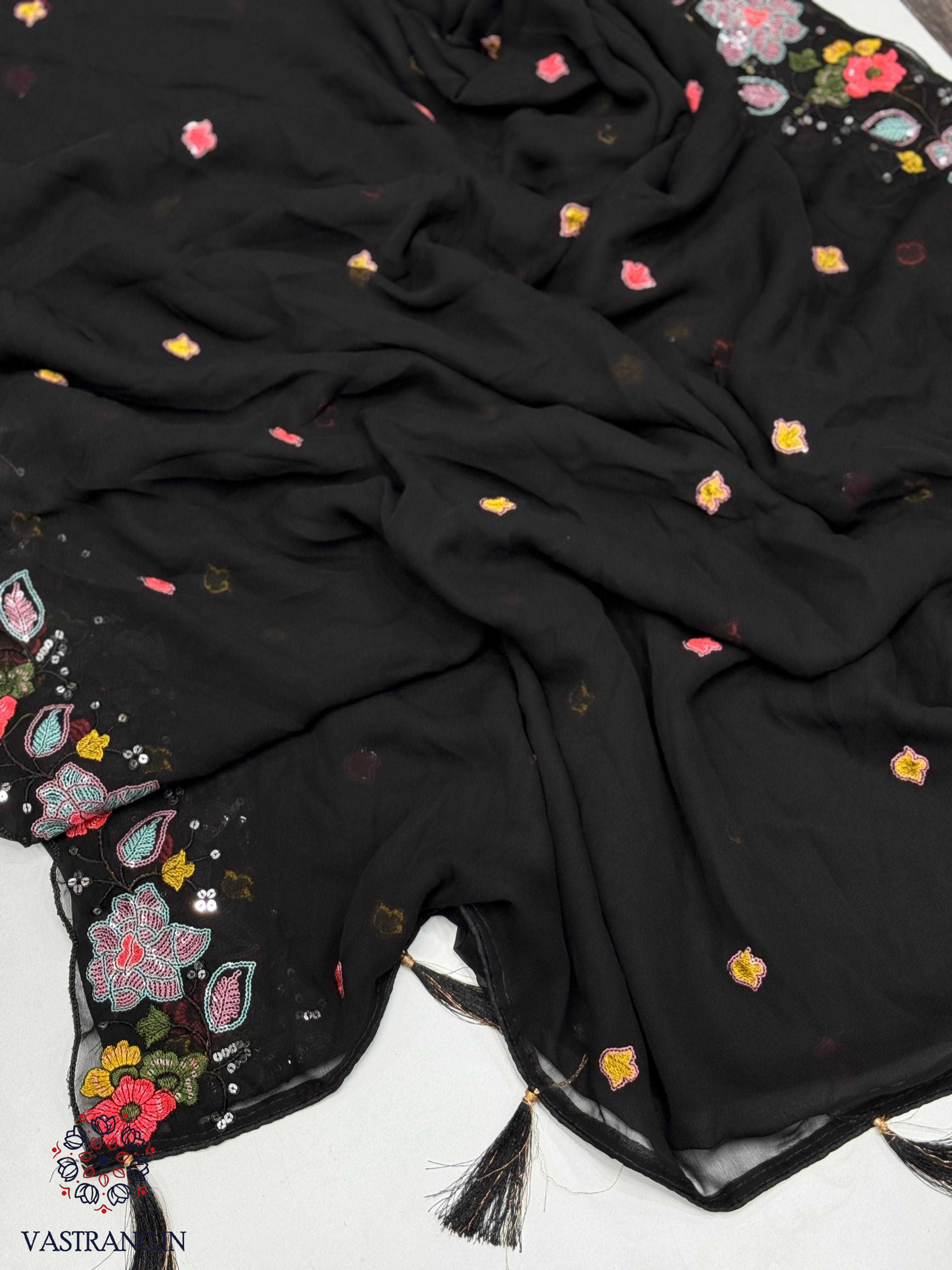 New Black Color Faux Georgette Embroidery Sequence n Cut Work Fancy Designer Partywear Saree
