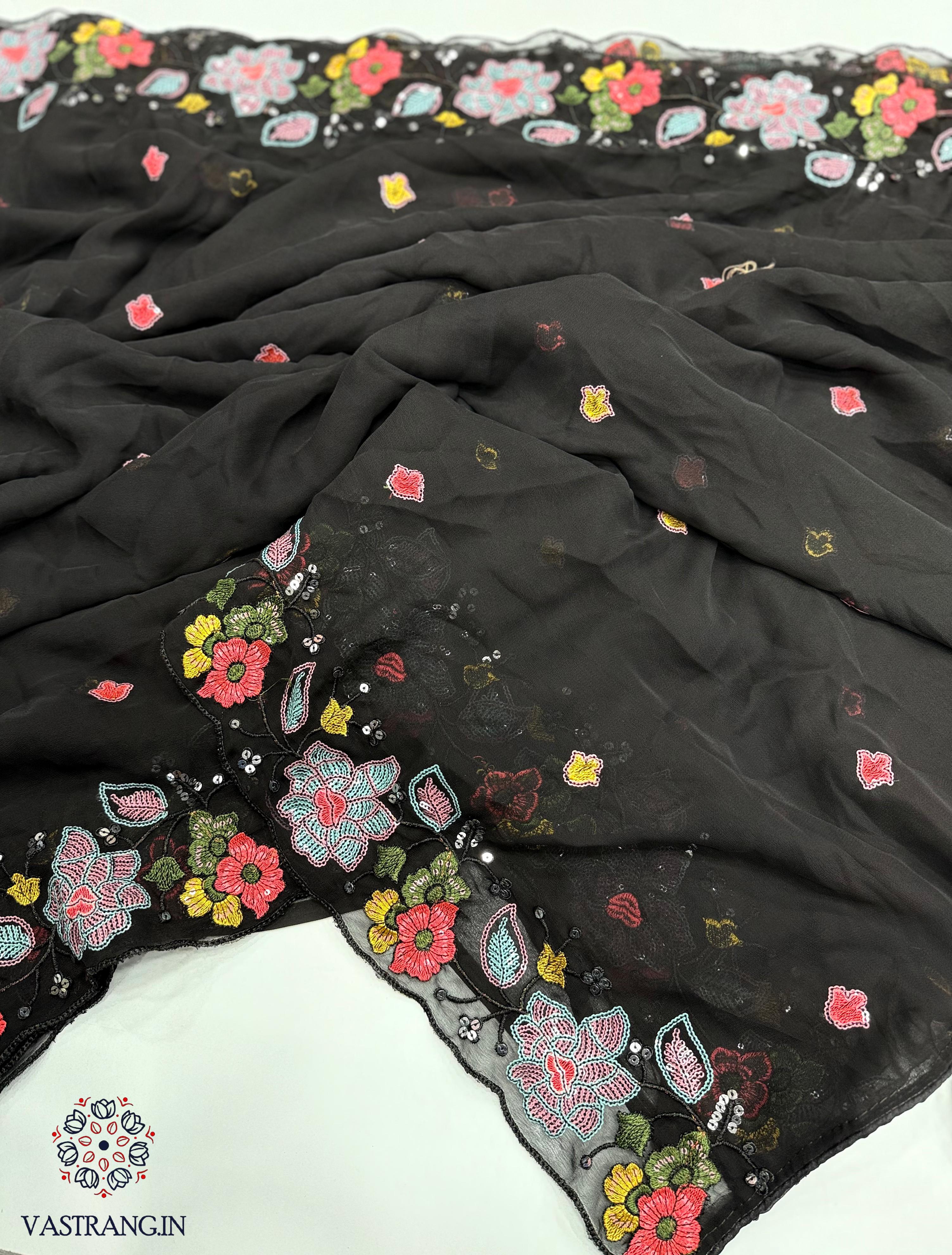 New Black Color Faux Georgette Embroidery Sequence n Cut Work Fancy Designer Partywear Saree