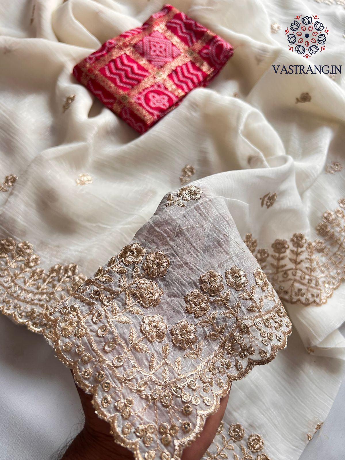 New Cream Color Partywear Crunchy Chiffon Silk Sequence Embroidery n Cut Work Fancy Designer Saree With Jacquard Blouse
