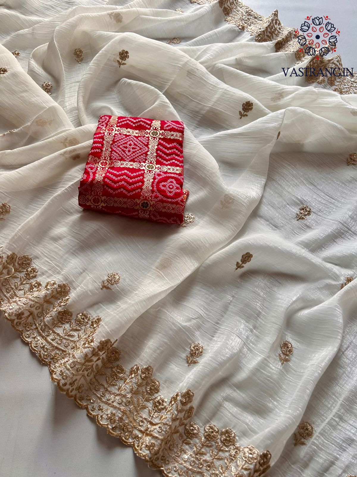 New Cream Color Partywear Crunchy Chiffon Silk Sequence Embroidery n Cut Work Fancy Designer Saree With Jacquard Blouse