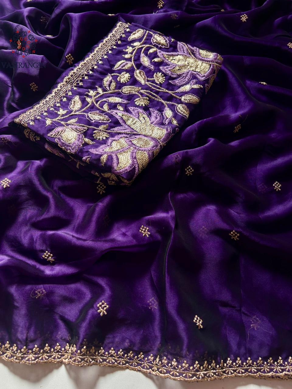 New Wedding Wear Purple Color Rangoli Silk Embroidery n Zari Work Saree With Blouse Piece