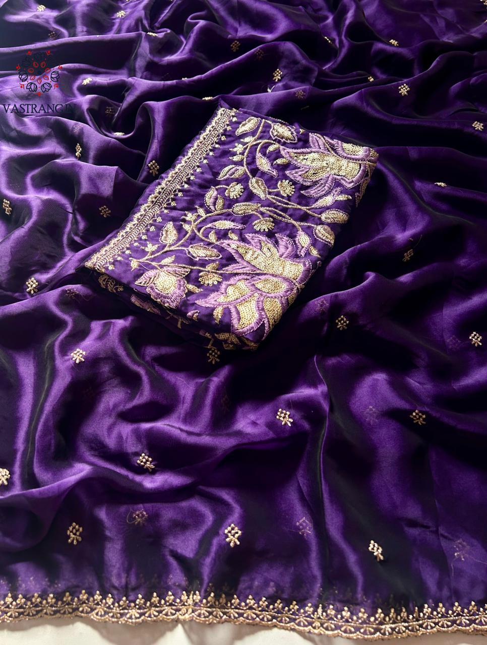 New Wedding Wear Purple Color Rangoli Silk Embroidery n Zari Work Saree With Blouse Piece