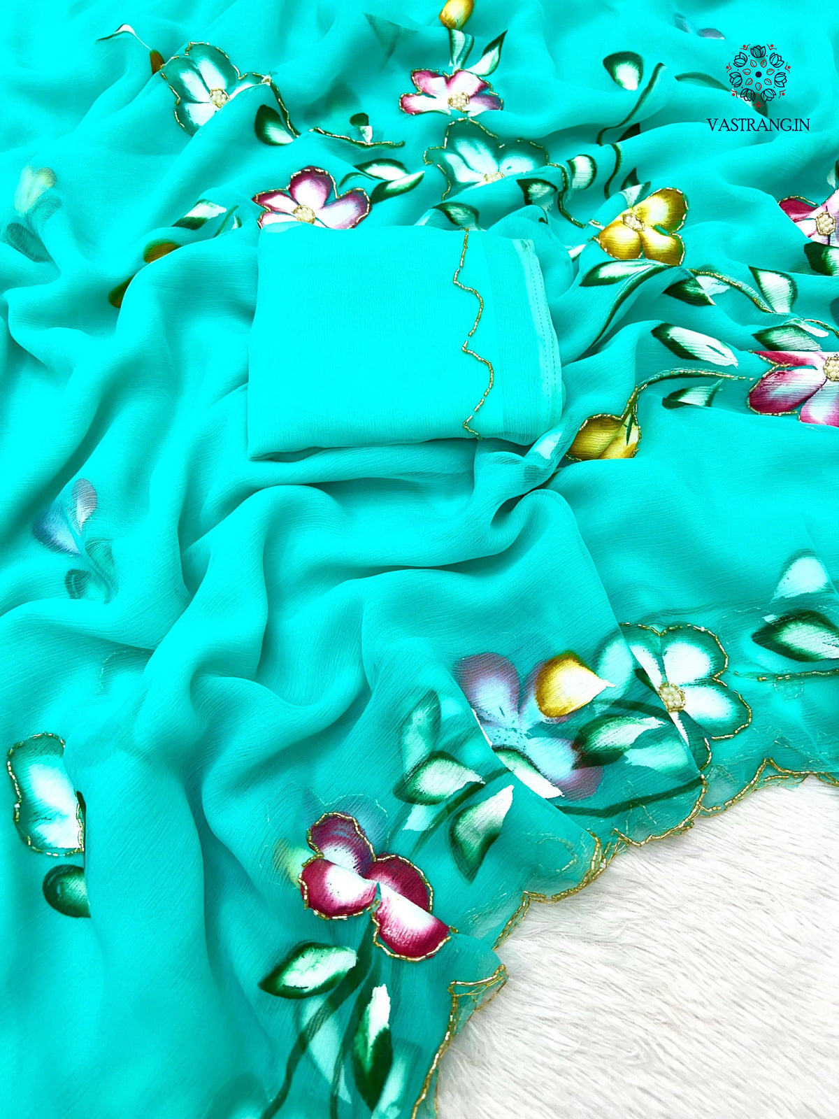 New Wedding Wear Soft Chiffon Handbrush Print n Handwork Fancy Designer Saree With Blouse