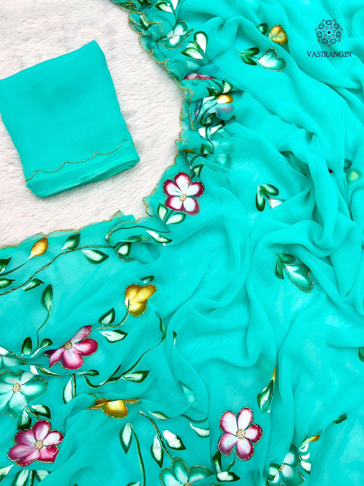 New Wedding Wear Soft Chiffon Handbrush Print n Handwork Fancy Designer Saree With Blouse