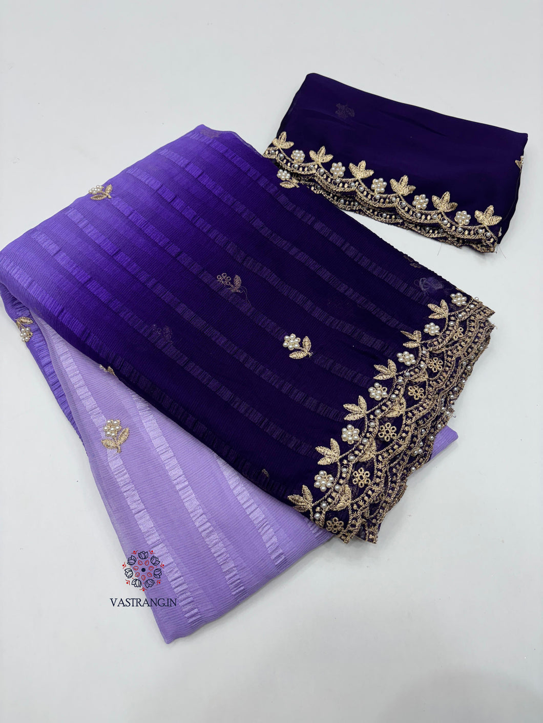 New Partywear Pedding Purple Color Chiffon Emboridery n Hand Work Fancy Designer Saree With Blouse