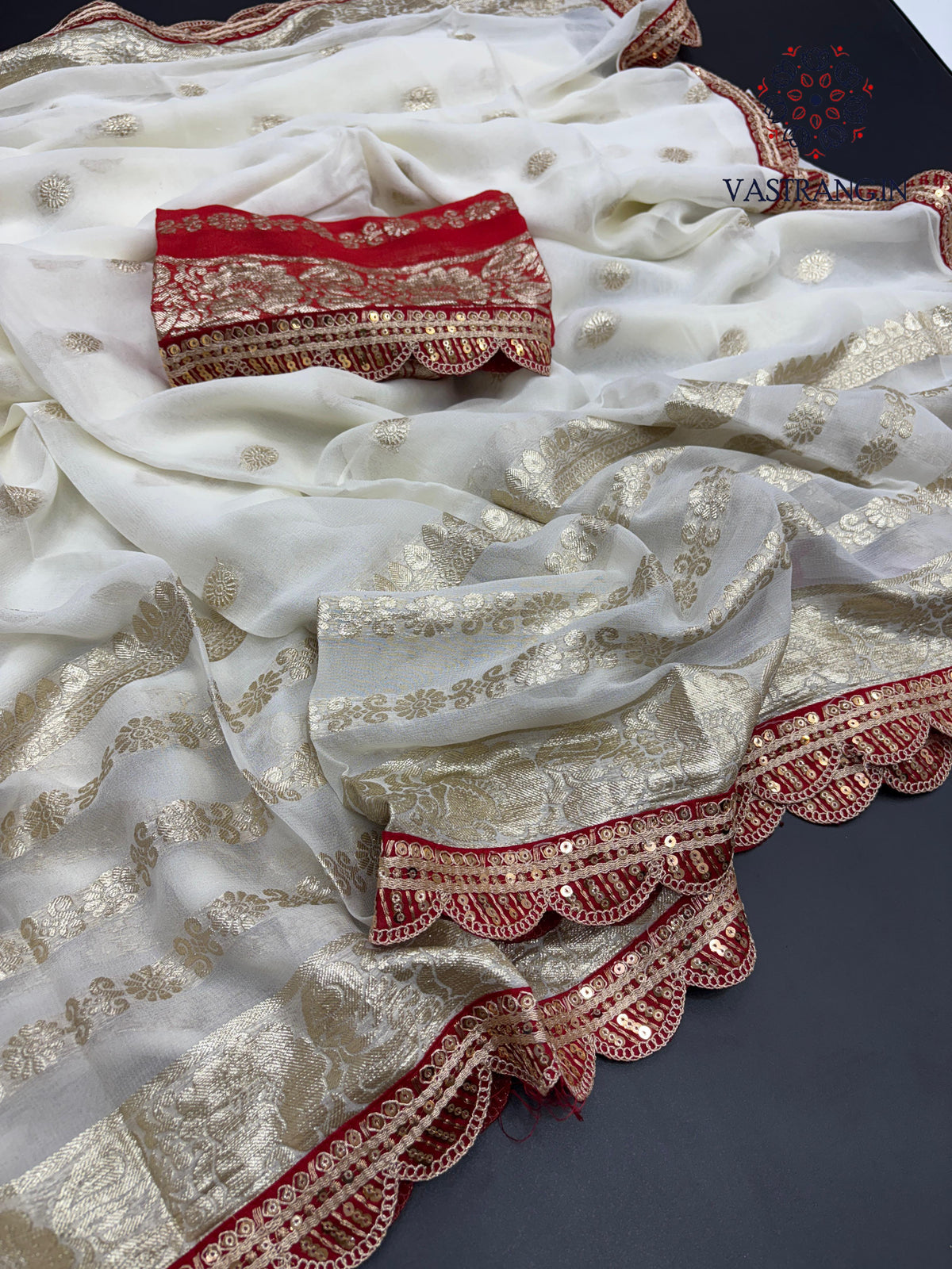 Latest Function wear White Color Viscose Georgette Jacquard Weaving With Squence Lace Work Fancy Designer Saree