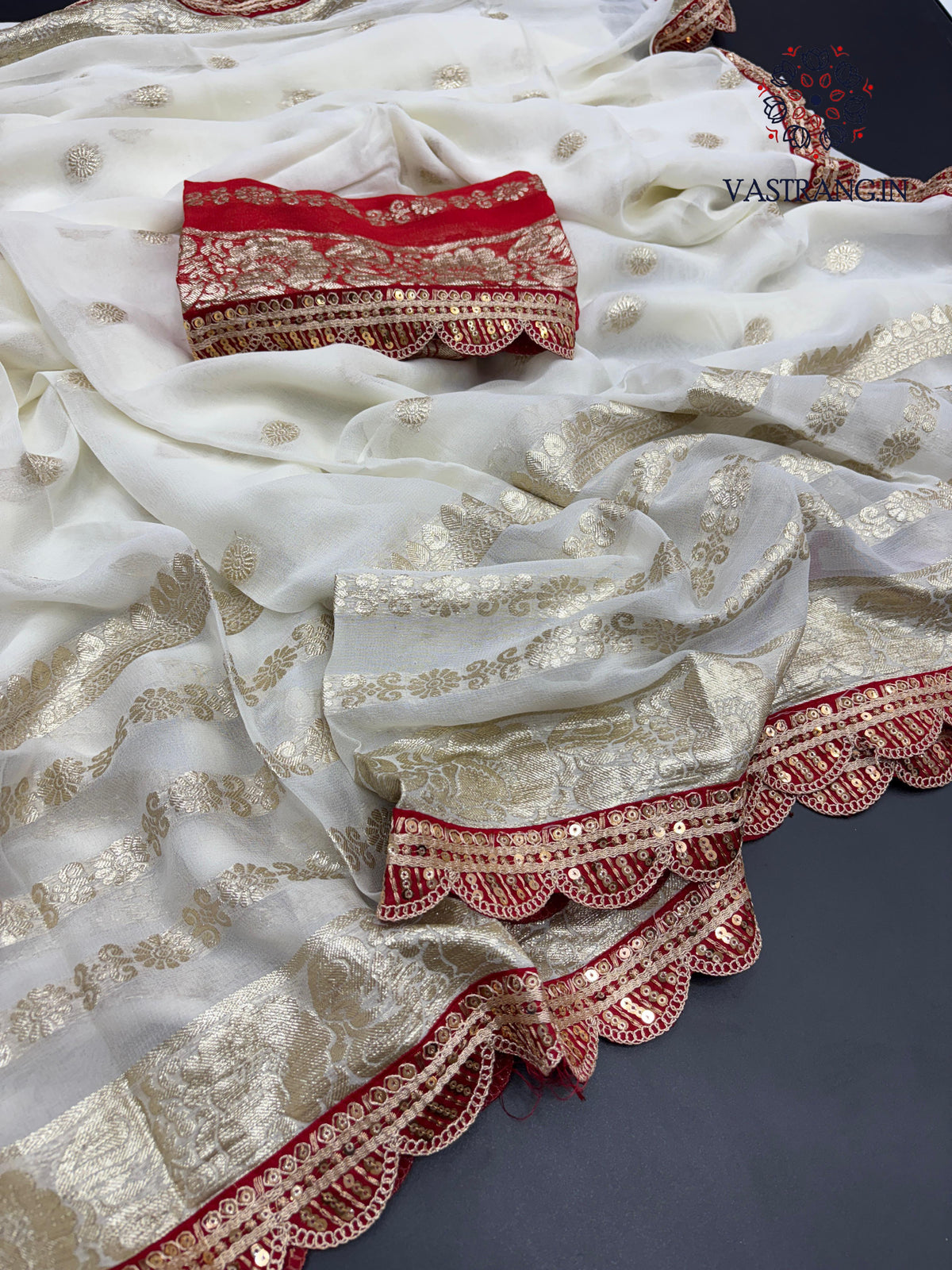 Latest Function wear White Color Viscose Georgette Jacquard Weaving With Squence Lace Work Fancy Designer Saree