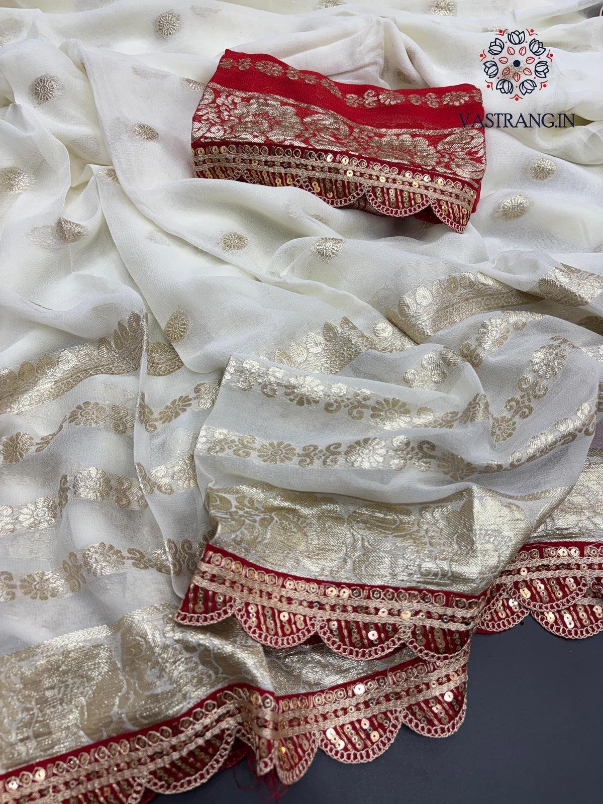 Latest Function wear White Color Viscose Georgette Jacquard Weaving With Squence Lace Work Fancy Designer Saree