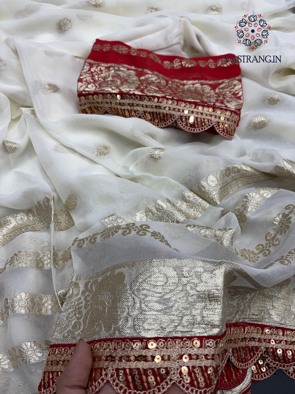 Latest Function wear White Color Viscose Georgette Jacquard Weaving With Squence Lace Work Fancy Designer Saree