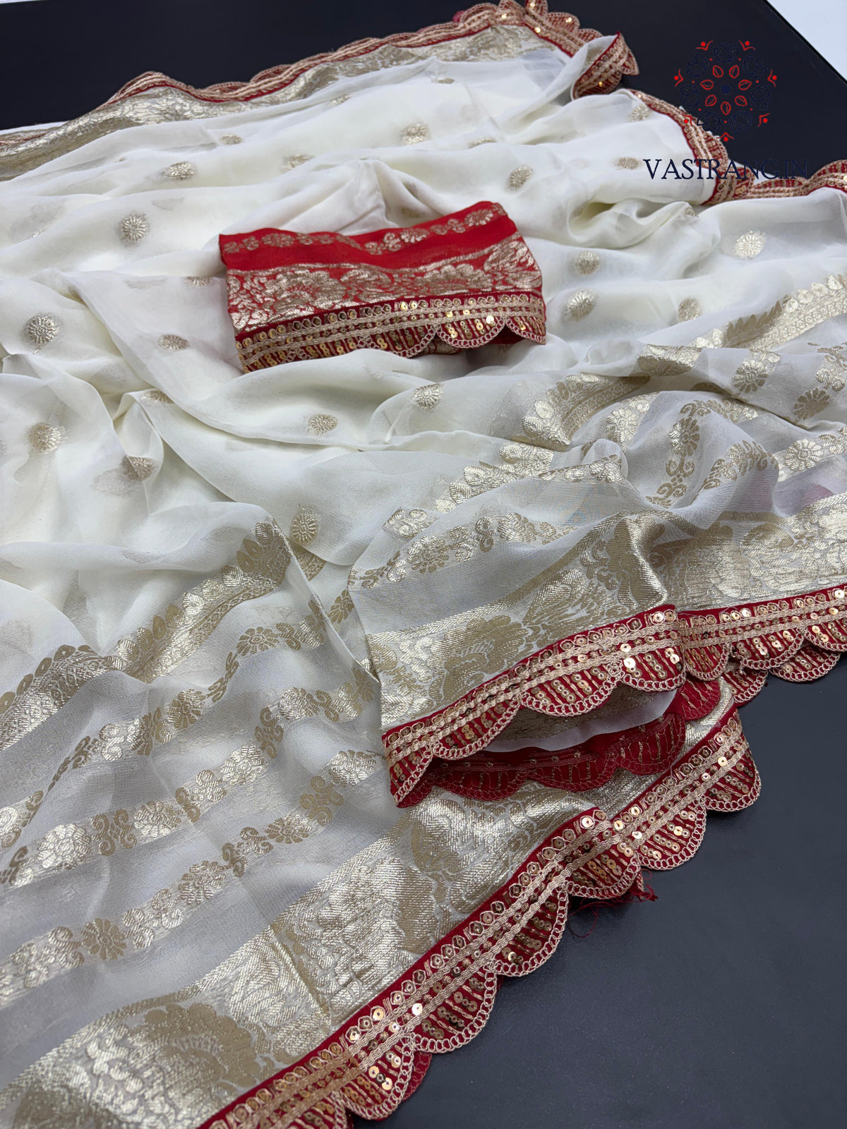 Latest Function wear White Color Viscose Georgette Jacquard Weaving With Squence Lace Work Fancy Designer Saree