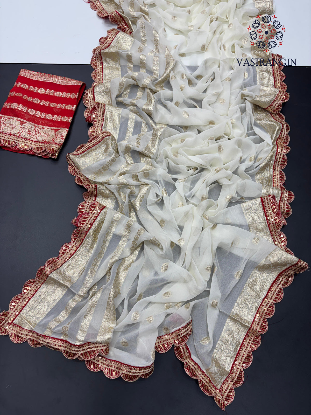 Latest Function wear White Color Viscose Georgette Jacquard Weaving With Squence Lace Work Fancy Designer Saree