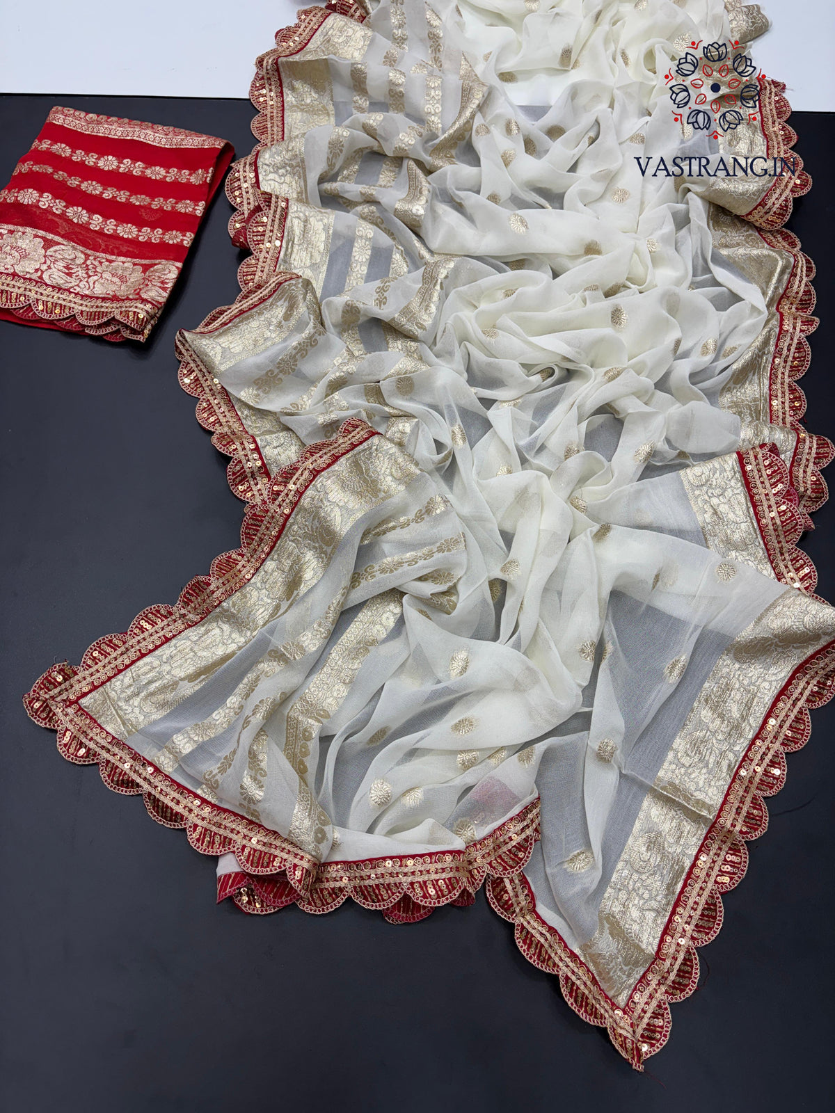 Latest Function wear White Color Viscose Georgette Jacquard Weaving With Squence Lace Work Fancy Designer Saree