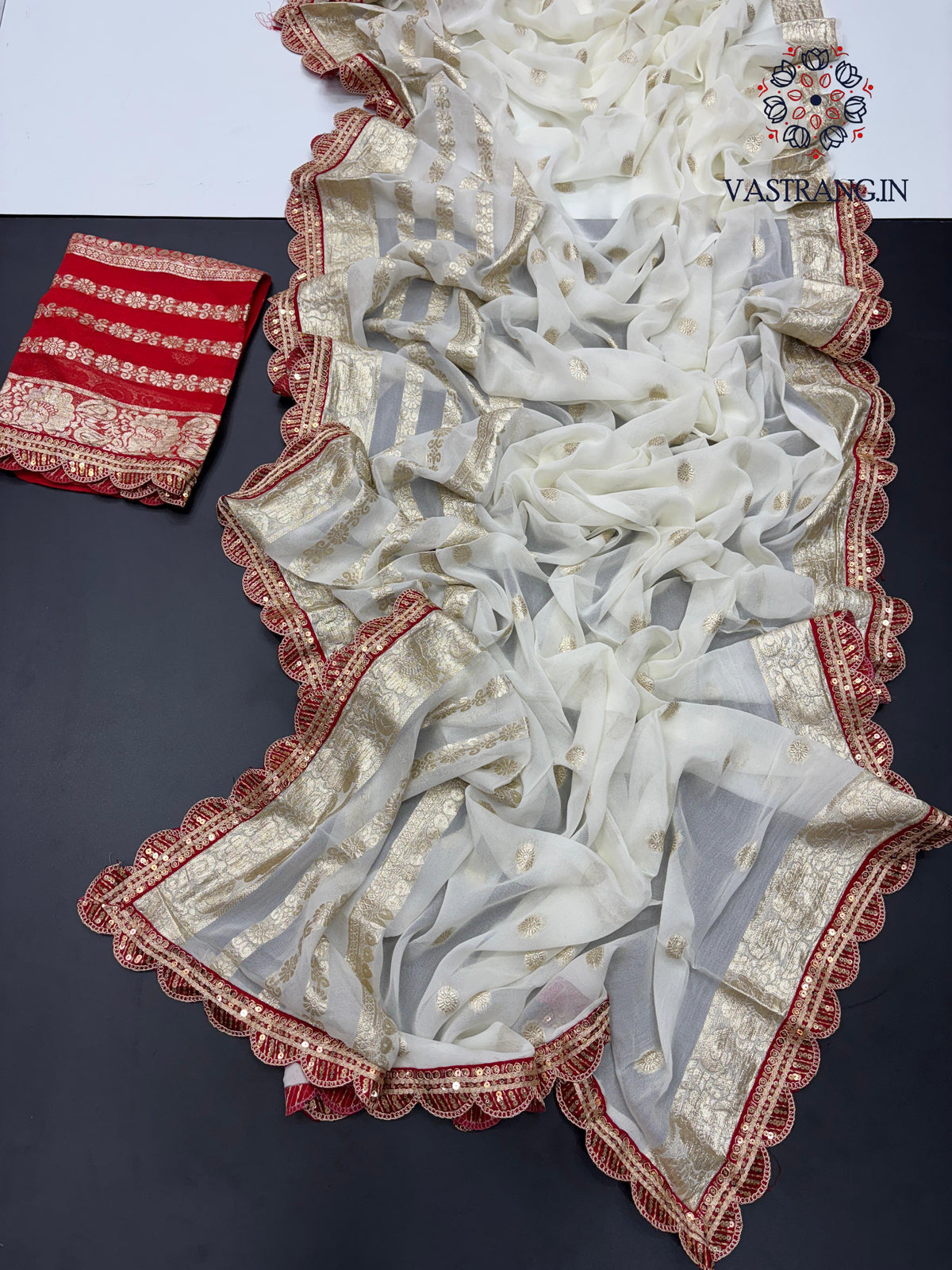 Latest Function wear White Color Viscose Georgette Jacquard Weaving With Squence Lace Work Fancy Designer Saree