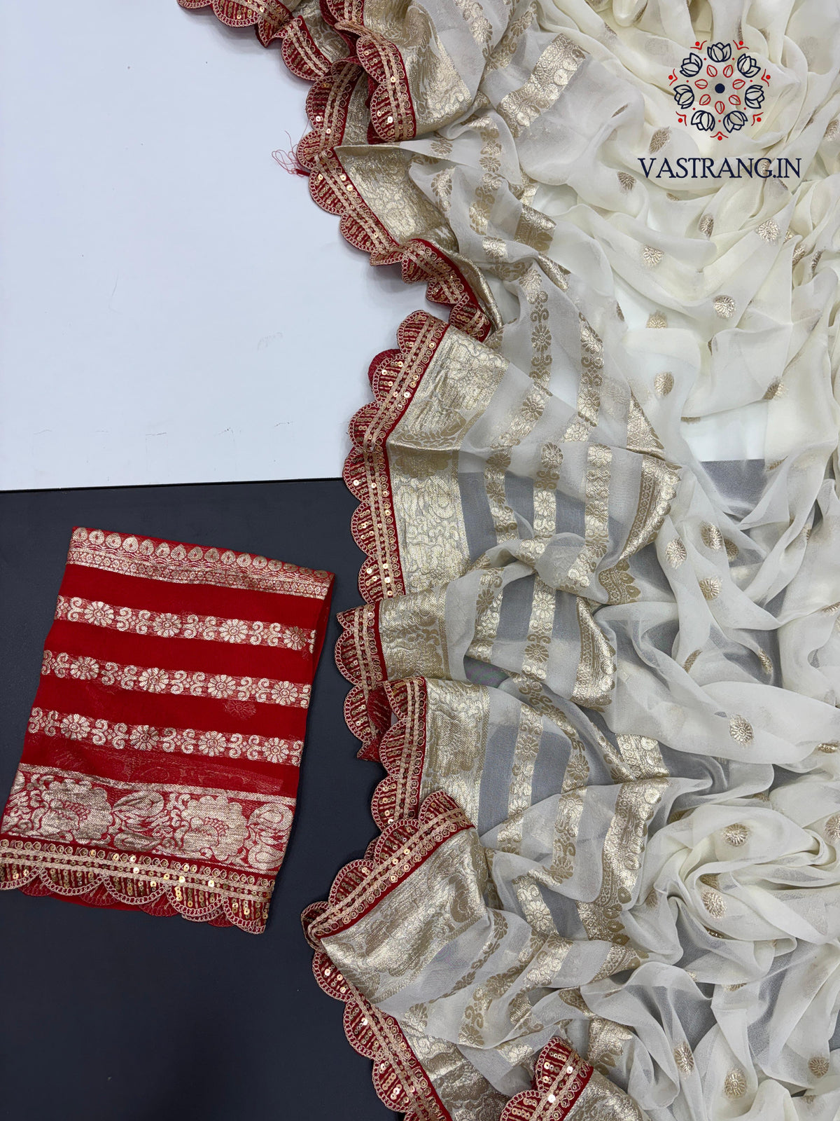 Latest Function wear White Color Viscose Georgette Jacquard Weaving With Squence Lace Work Fancy Designer Saree