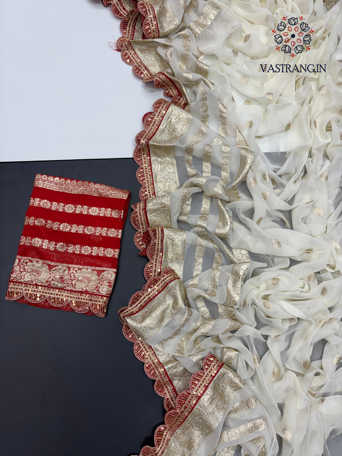 Latest Function wear White Color Viscose Georgette Jacquard Weaving With Squence Lace Work Fancy Designer Saree