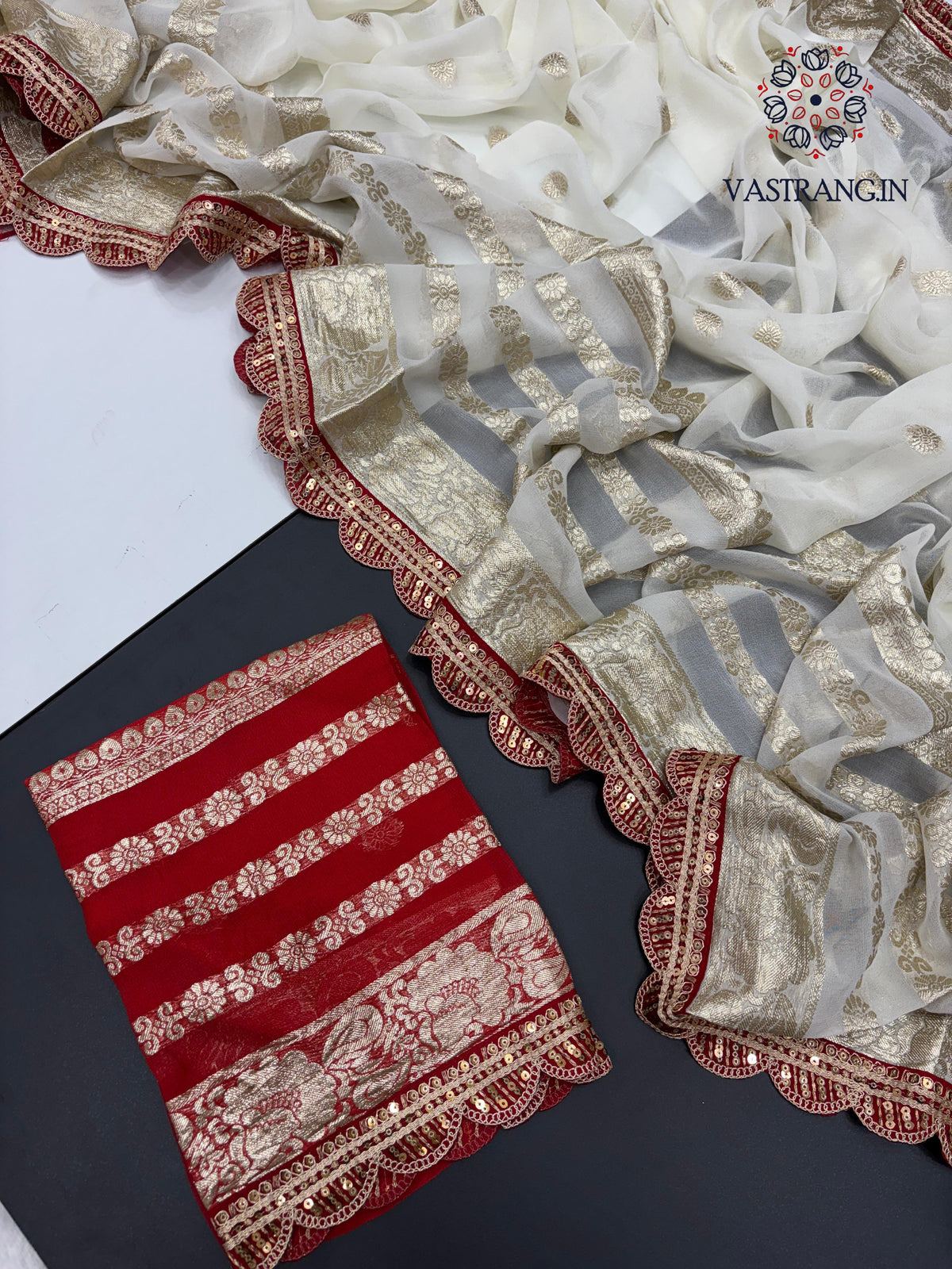 Latest Function wear White Color Viscose Georgette Jacquard Weaving With Squence Lace Work Fancy Designer Saree
