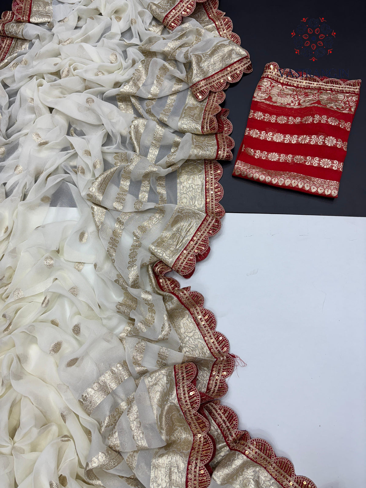 Latest Function wear White Color Viscose Georgette Jacquard Weaving With Squence Lace Work Fancy Designer Saree