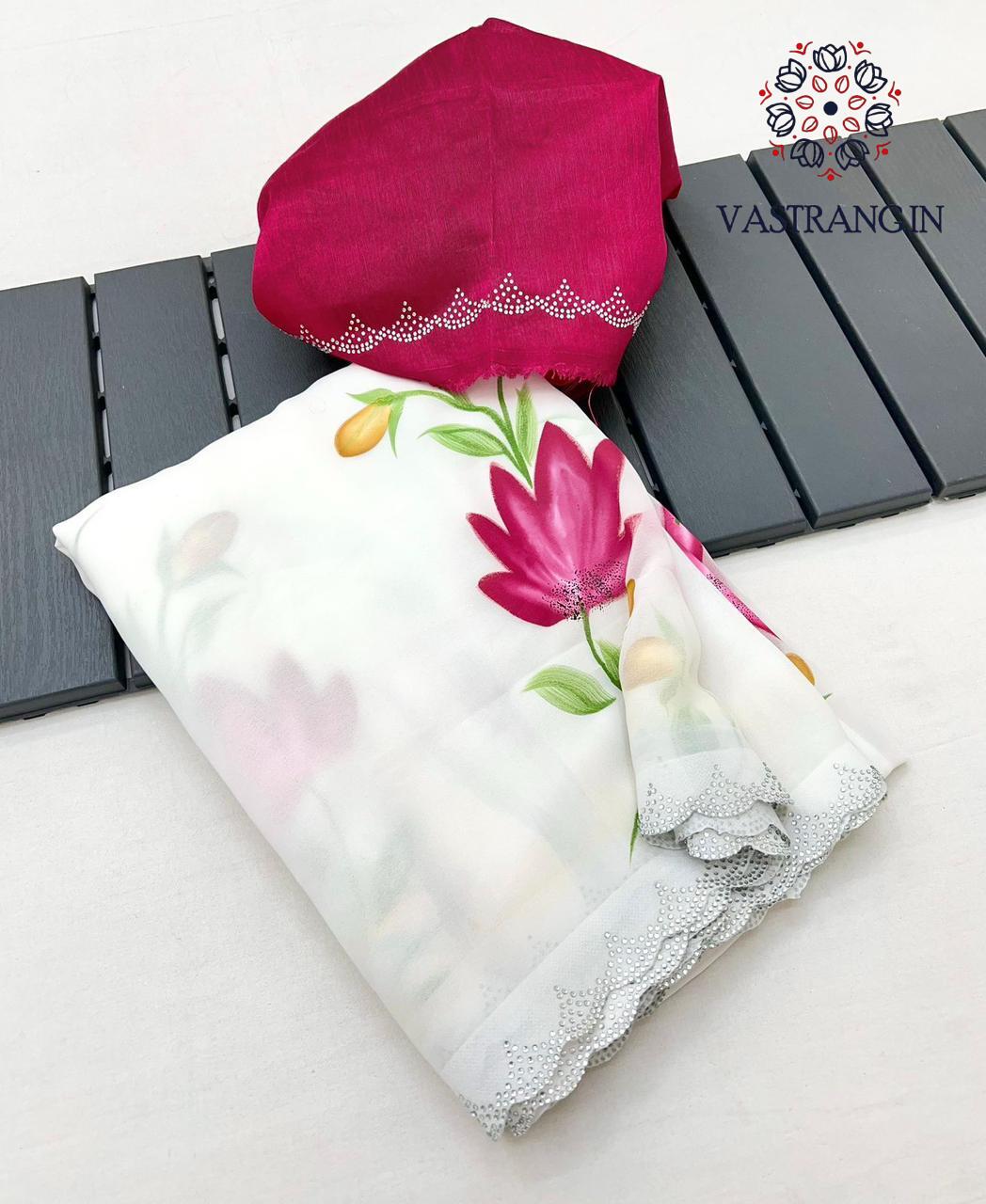 New White Color Partywear White Color Soft Georgette Handbrush Print With Siroski Cut Work Fancy Designer Saree