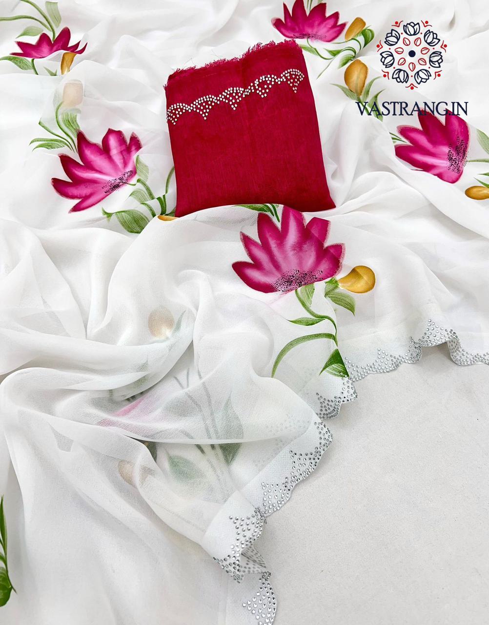 New White Color Partywear Soft Georgette Handbrush Print With Siroski Cut Work Fancy Designer Saree