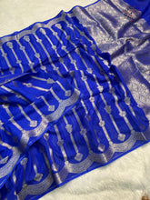 Load image into Gallery viewer, New Wedding Wear Royal Blue Color Banarasi Georgette Silk Jacquard Zari Weaving Work Fancy Designer Saree
