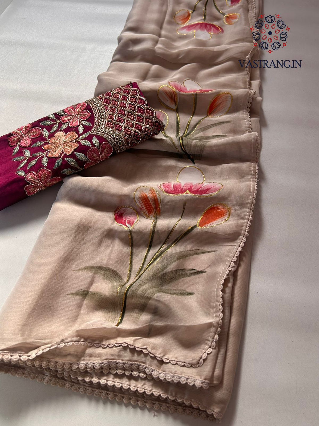 New Function Wear Hand brush Print n Foil Outerline Work Fancy Designer Saree With Hand Work Blouse