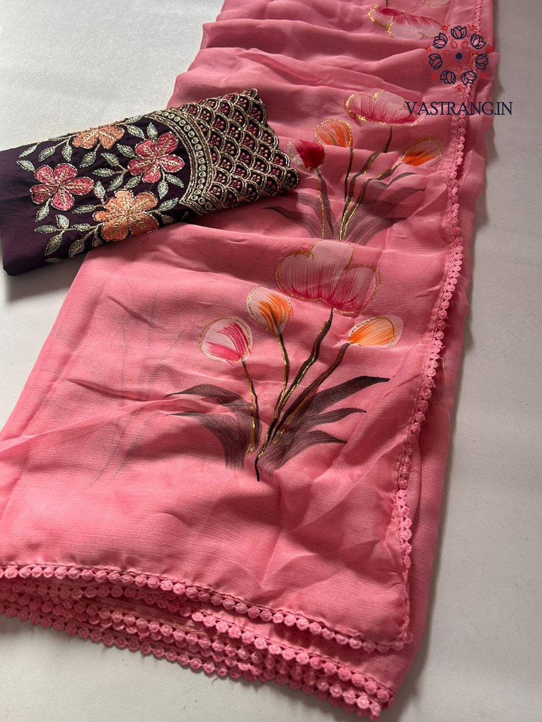 New Function Wear Hand brush Print n Foil Outerline Work Fancy Designer Saree With Hand Work Blouse